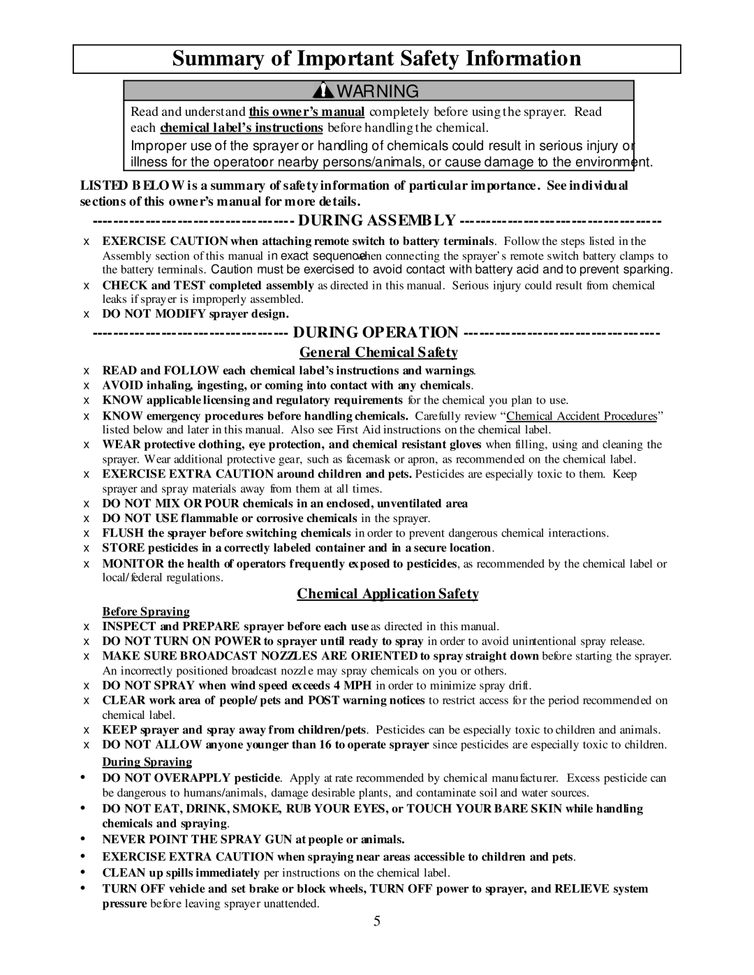 North Star MTBSL Summary of Important Safety Information, During Assembly, During Operation, General Chemical Safety 