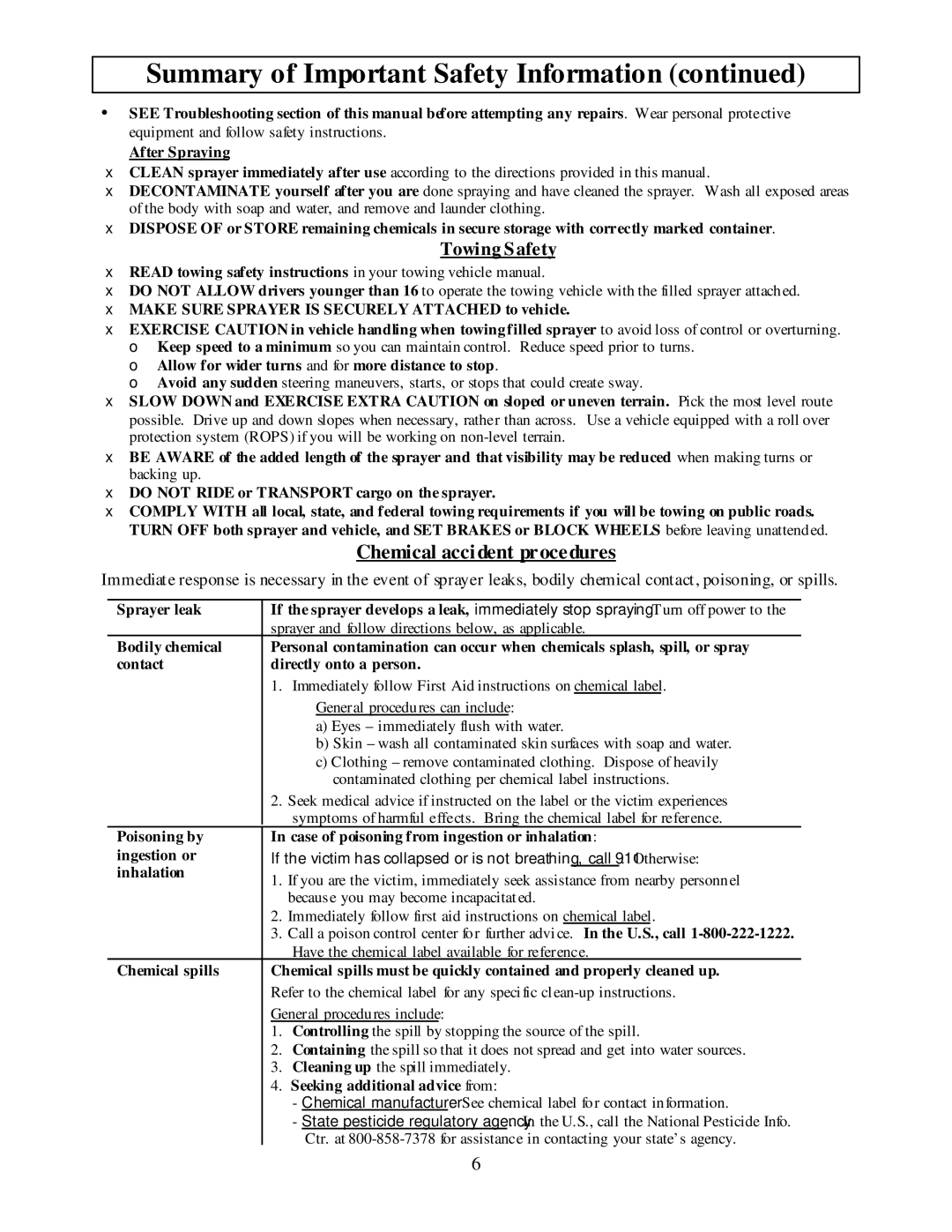 North Star MTBSL owner manual Chemical accident procedures, Towing Safety 