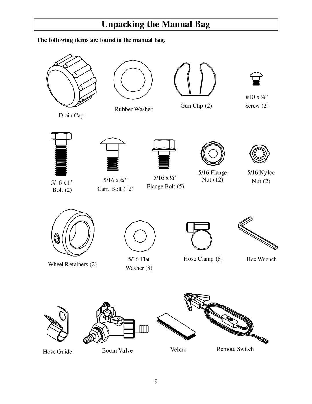 North Star MTBSL owner manual Unpacking the Manual Bag, Following items are found in the manual bag 