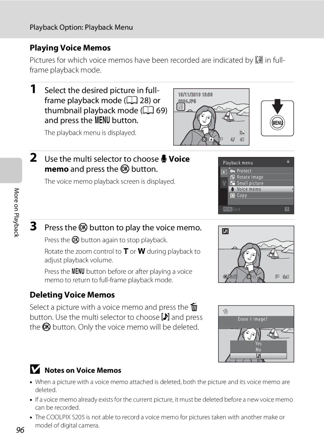 North Star S205 user manual Playing Voice Memos, Press the k button to play the voice memo, Deleting Voice Memos 