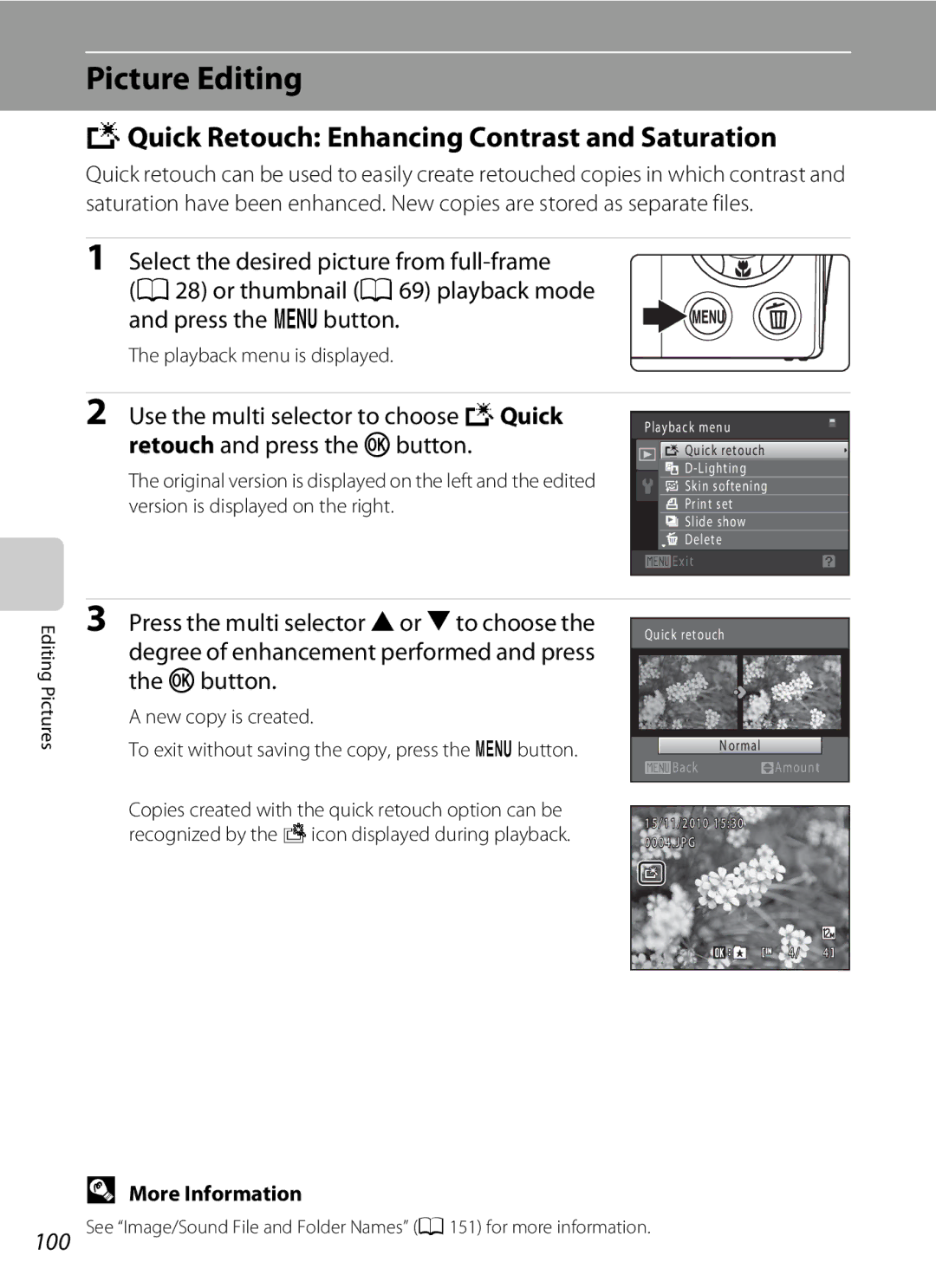 North Star S205 user manual Picture Editing, KQuick Retouch Enhancing Contrast and Saturation 