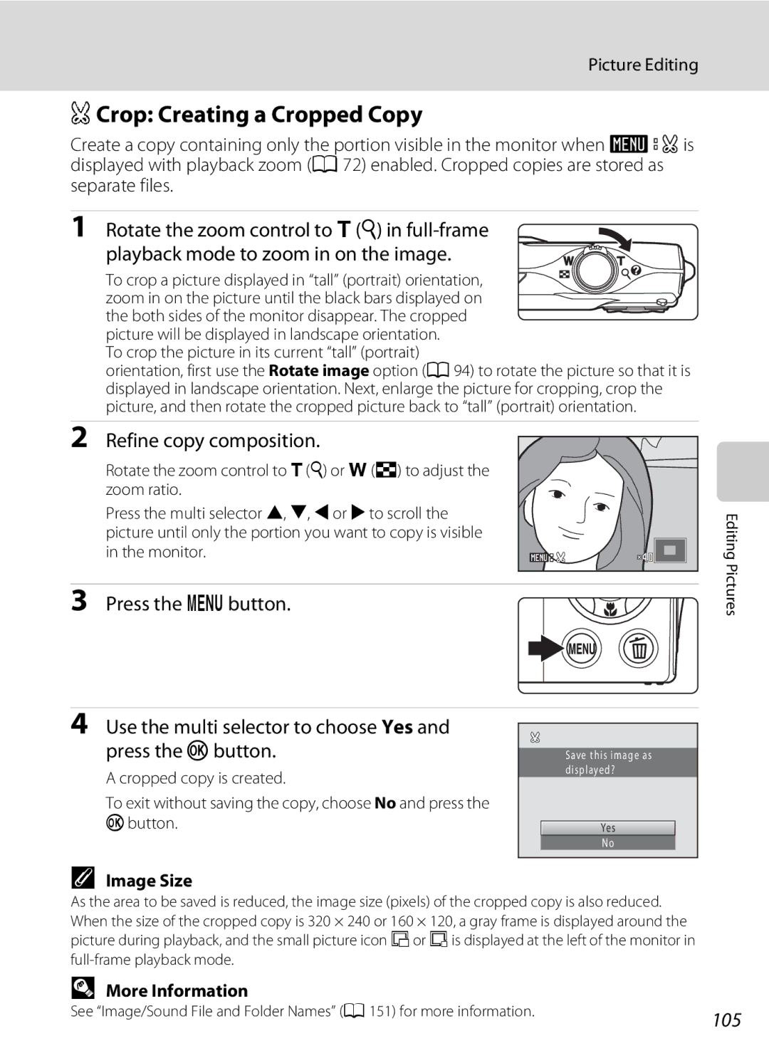 North Star S205 user manual ACrop Creating a Cropped Copy, Refine copy composition, Press the d button, 105 