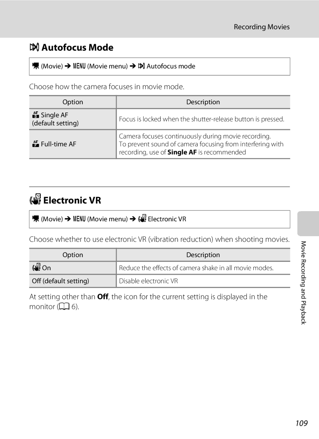 North Star S205 user manual WElectronic VR, 109, Choose how the camera focuses in movie mode 