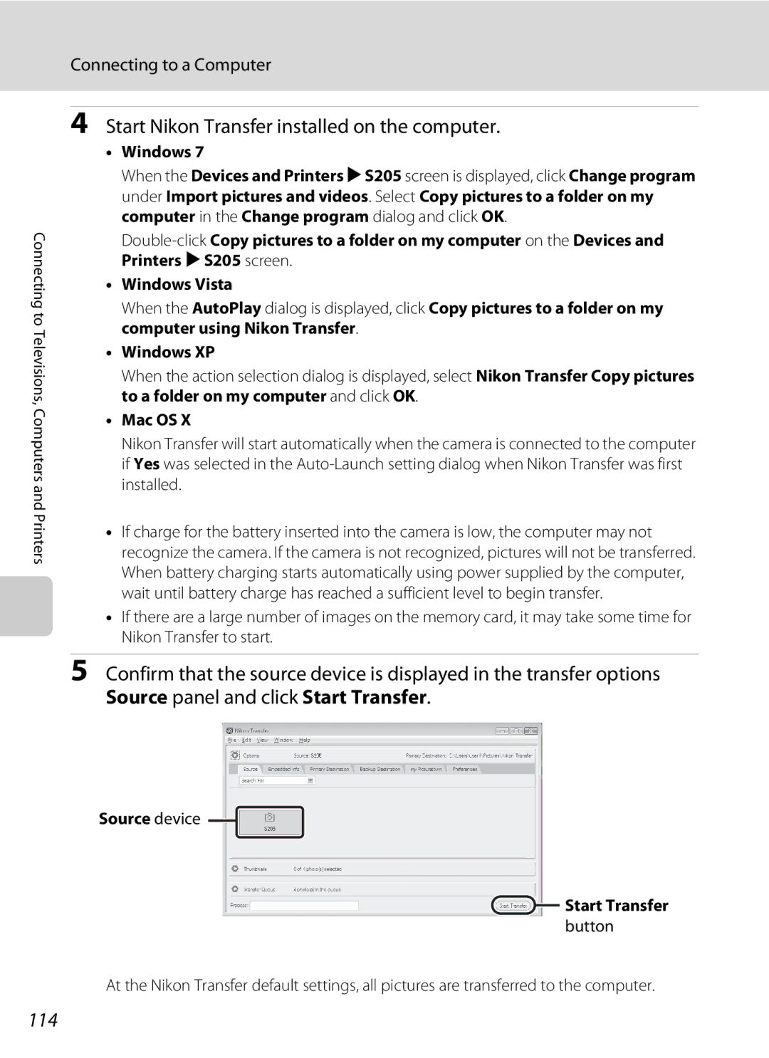 North Star S205 user manual Start Nikon Transfer installed on the computer, 114, Windows, Source device Start Transfer 