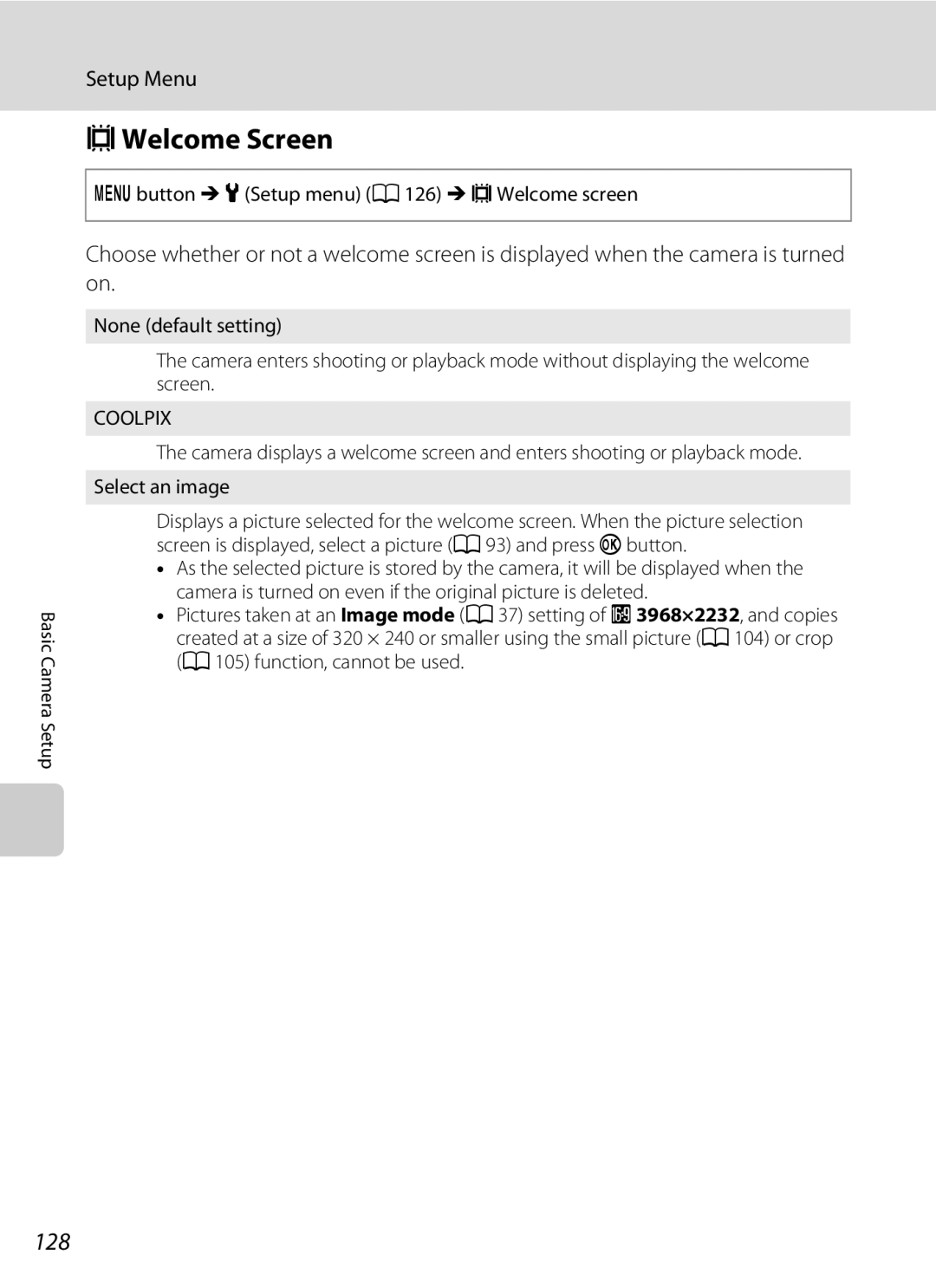 North Star S205 user manual CWelcome Screen, 128, Button M zSetup menu A126 M cWelcome screen 