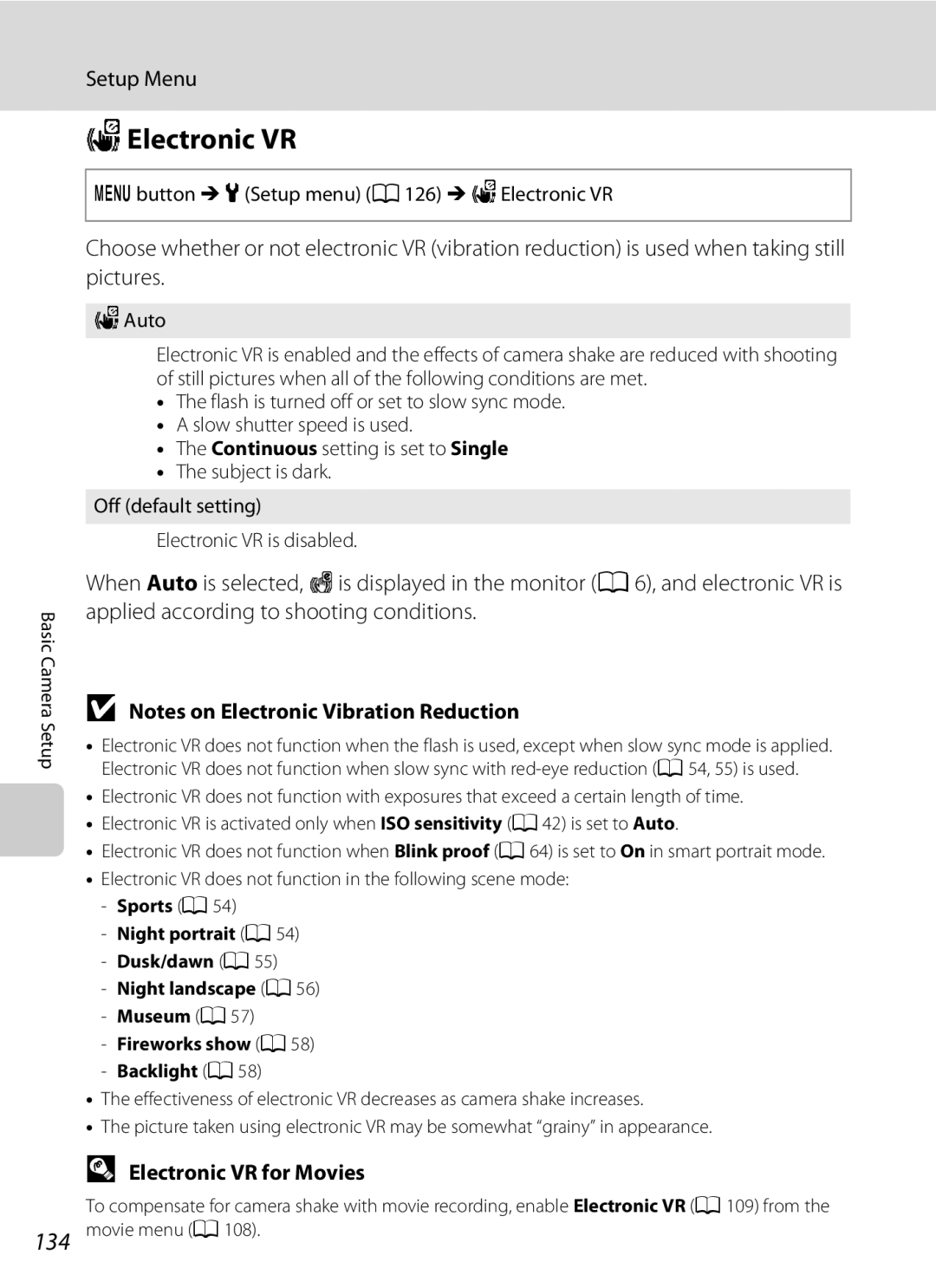 North Star S205 user manual Electronic VR for Movies, Button M zSetup menu A126 M wElectronic VR 