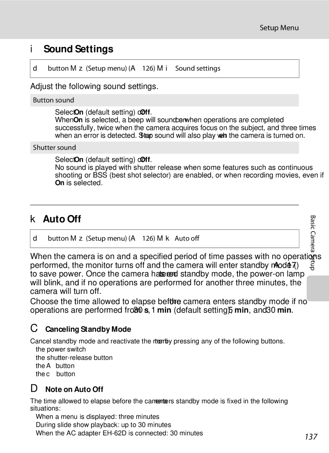 North Star S205 user manual ISound Settings, KAuto Off, 137, Adjust the following sound settings, Canceling Standby Mode 