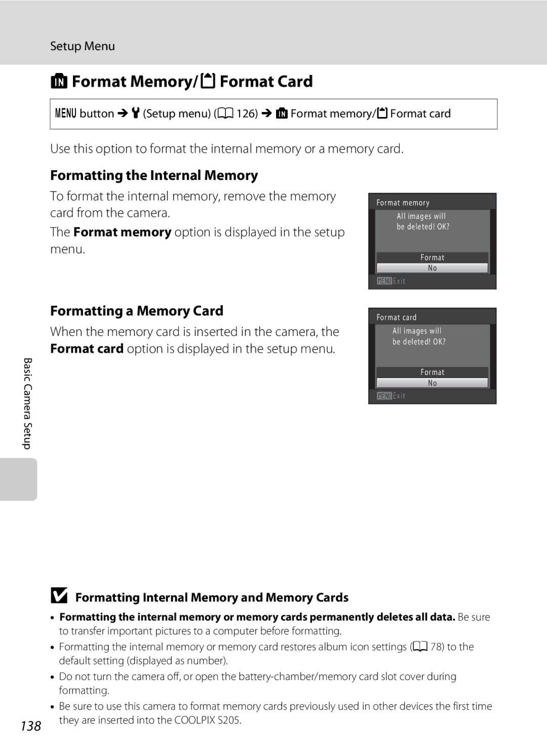 North Star S205 user manual LFormat Memory/mFormat Card, Formatting the Internal Memory, Formatting a Memory Card, 138 