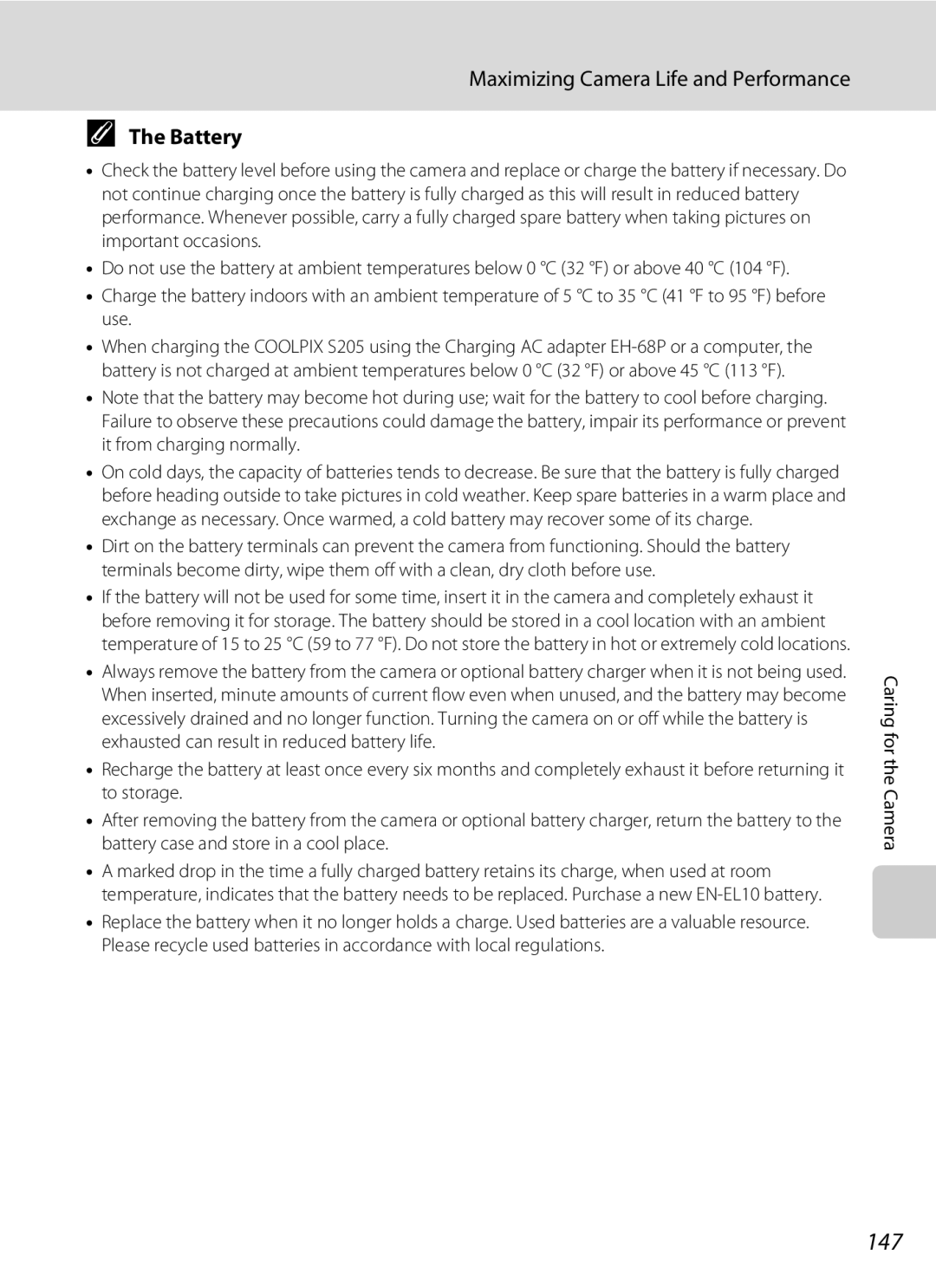 North Star S205 user manual 147, Maximizing Camera Life and Performance, Battery 