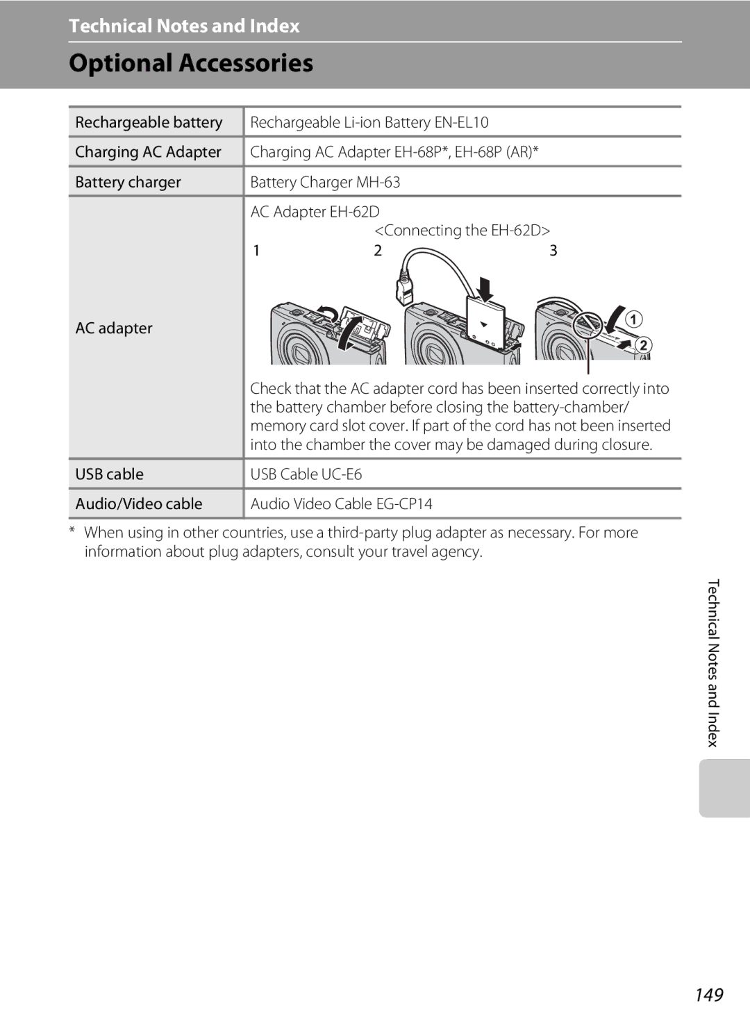 North Star S205 user manual Optional Accessories, 149, Rechargeable Li-ion Battery EN-EL10 