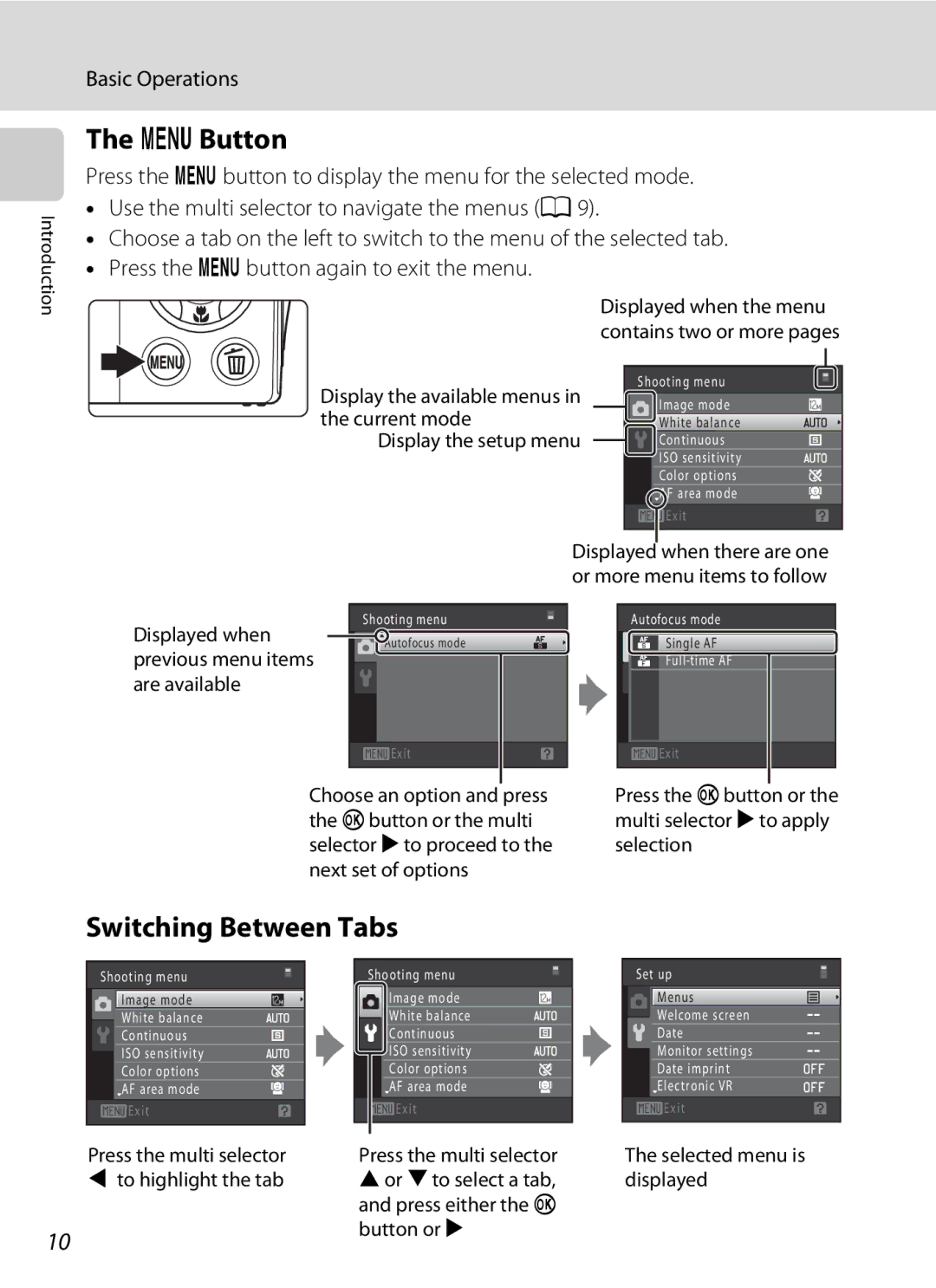 North Star S205 user manual DButton, Switching Between Tabs, Press the multi selector, To highlight the tab, Button or K 