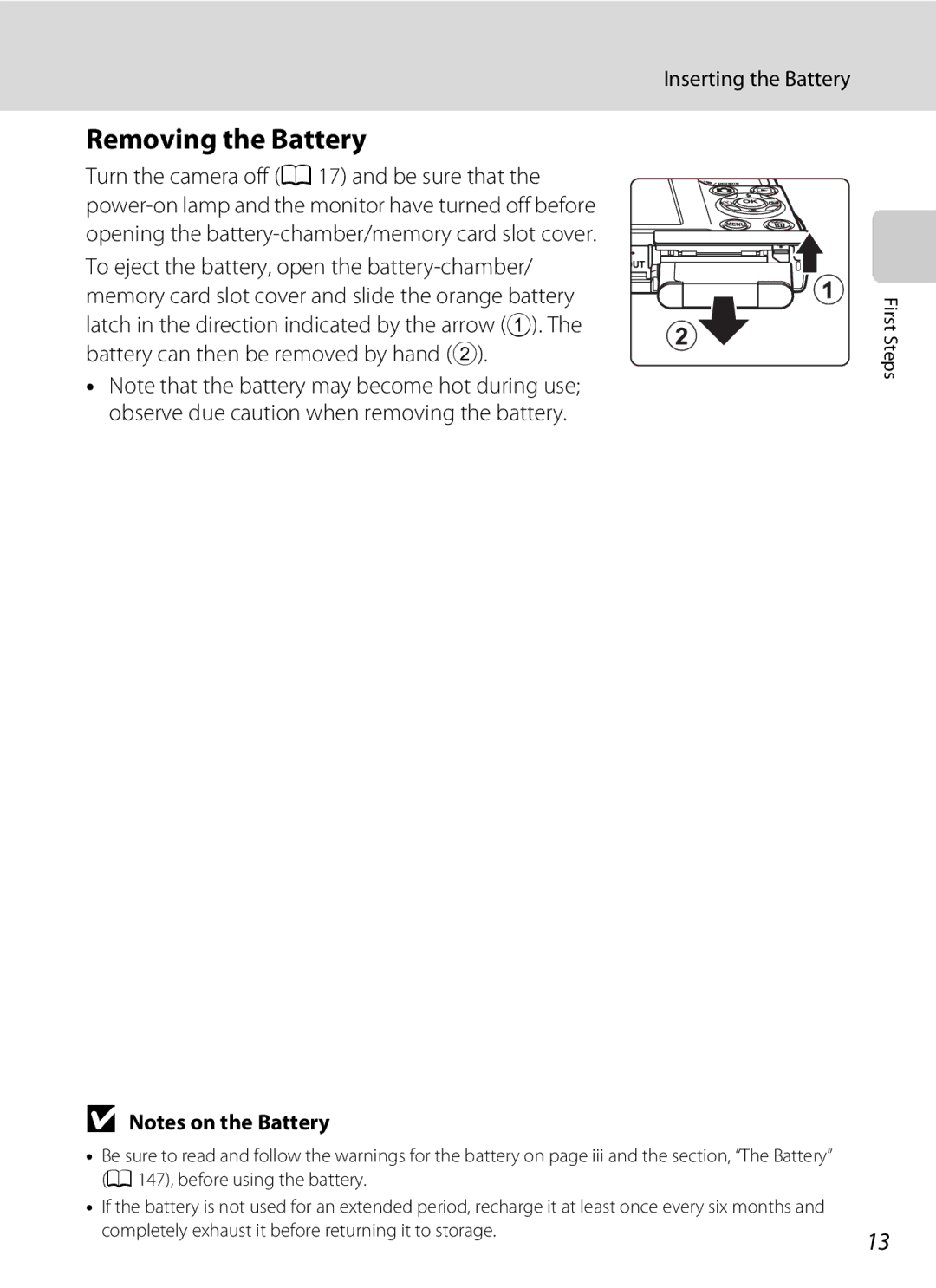 North Star S205 user manual Removing the Battery, Inserting the Battery 