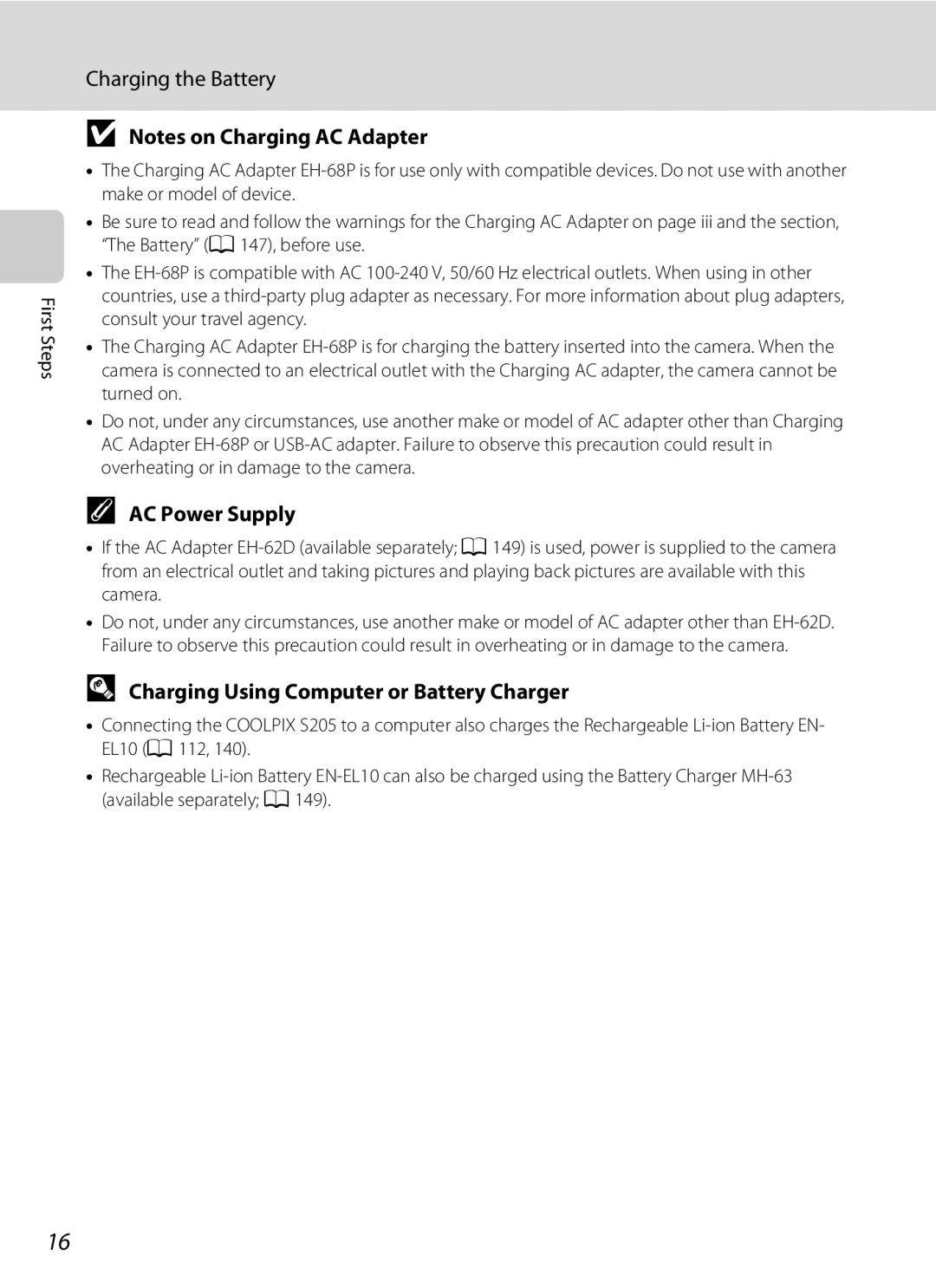 North Star S205 user manual AC Power Supply, Charging Using Computer or Battery Charger 