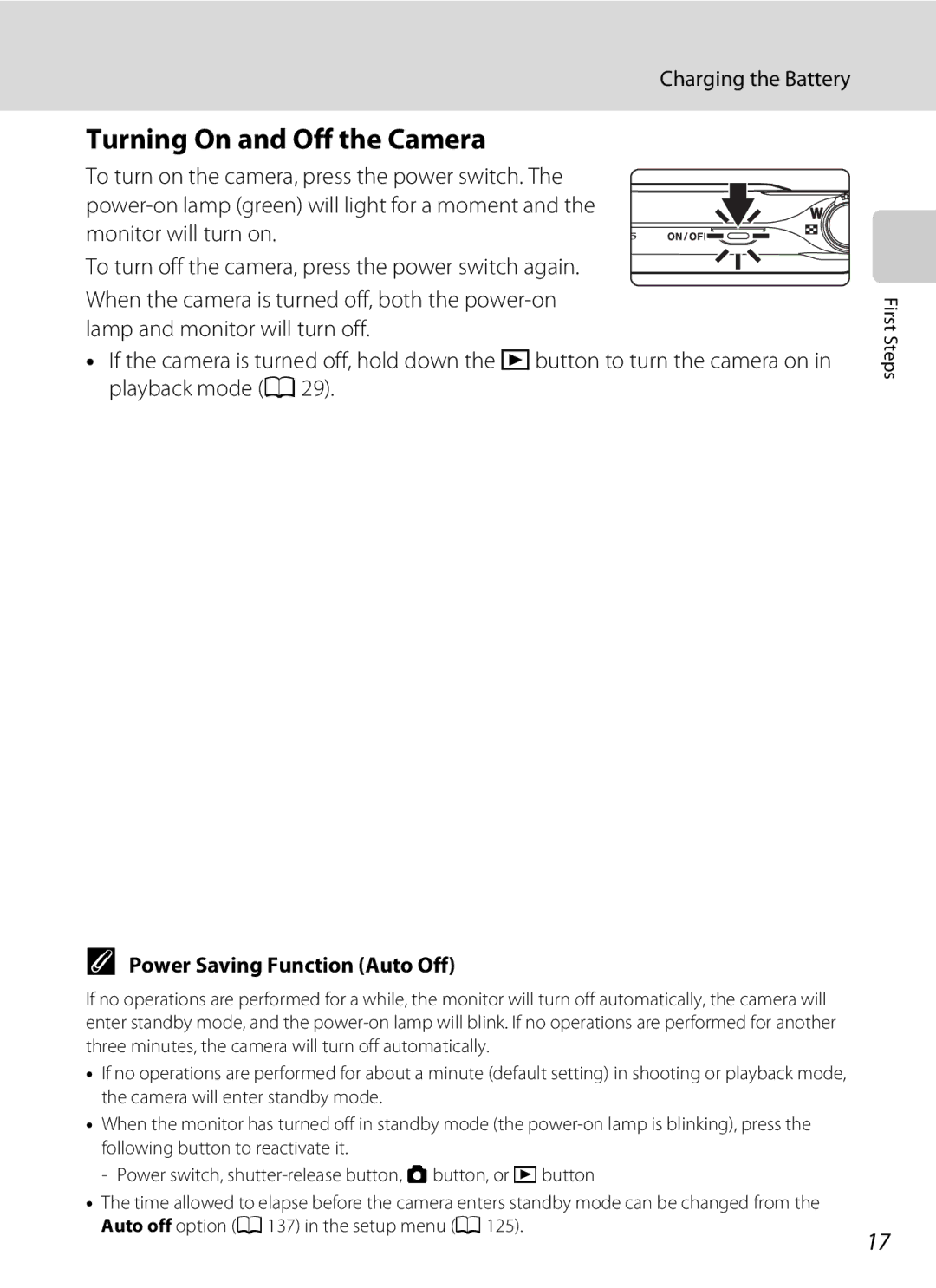 North Star S205 user manual Turning On and Off the Camera, Power Saving Function Auto Off 