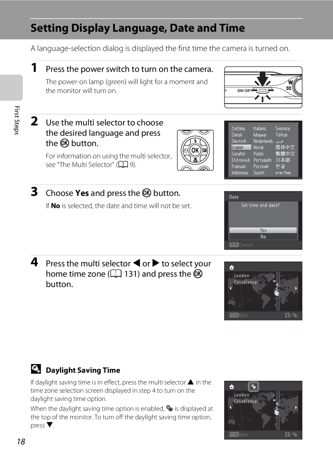 North Star S205 user manual Setting Display Language, Date and Time, Press the power switch to turn on the camera 