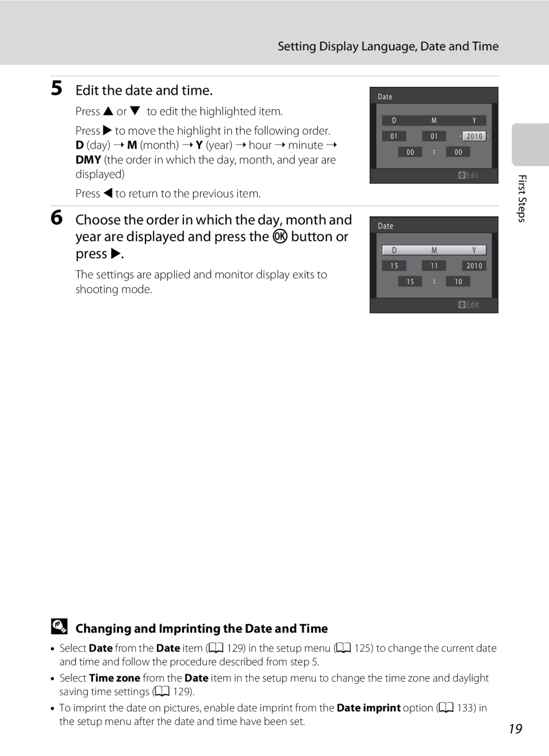 North Star S205 Edit the date and time, Setting Display Language, Date and Time, Changing and Imprinting the Date and Time 