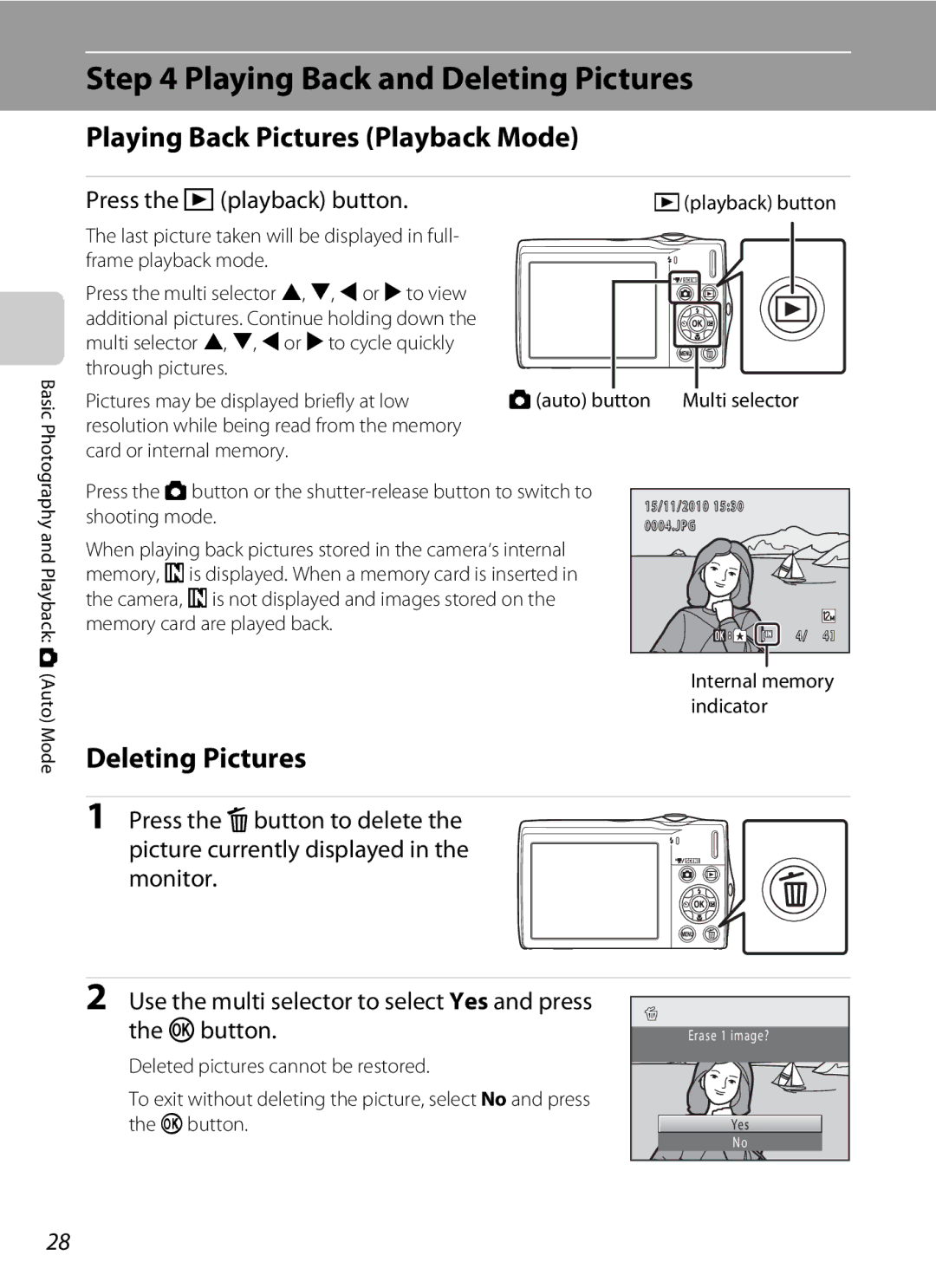 North Star S205 Playing Back and Deleting Pictures, Playing Back Pictures Playback Mode, Press the c playback button 