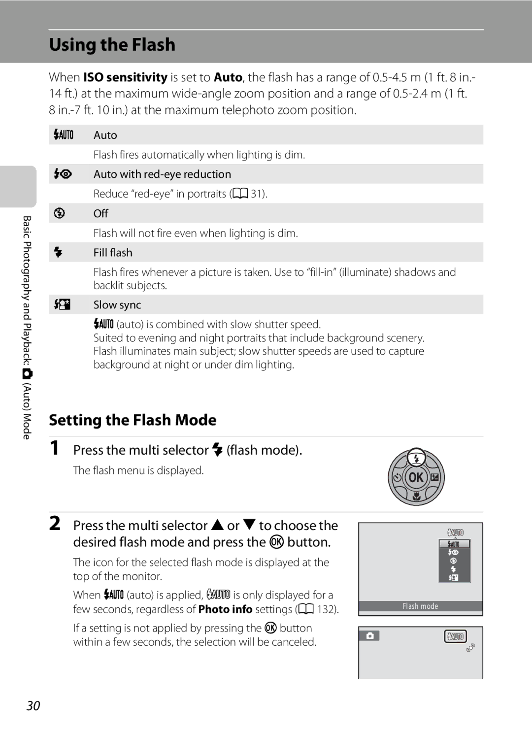 North Star S205 user manual Using the Flash, Setting the Flash Mode, Press the multi selector mflash mode 