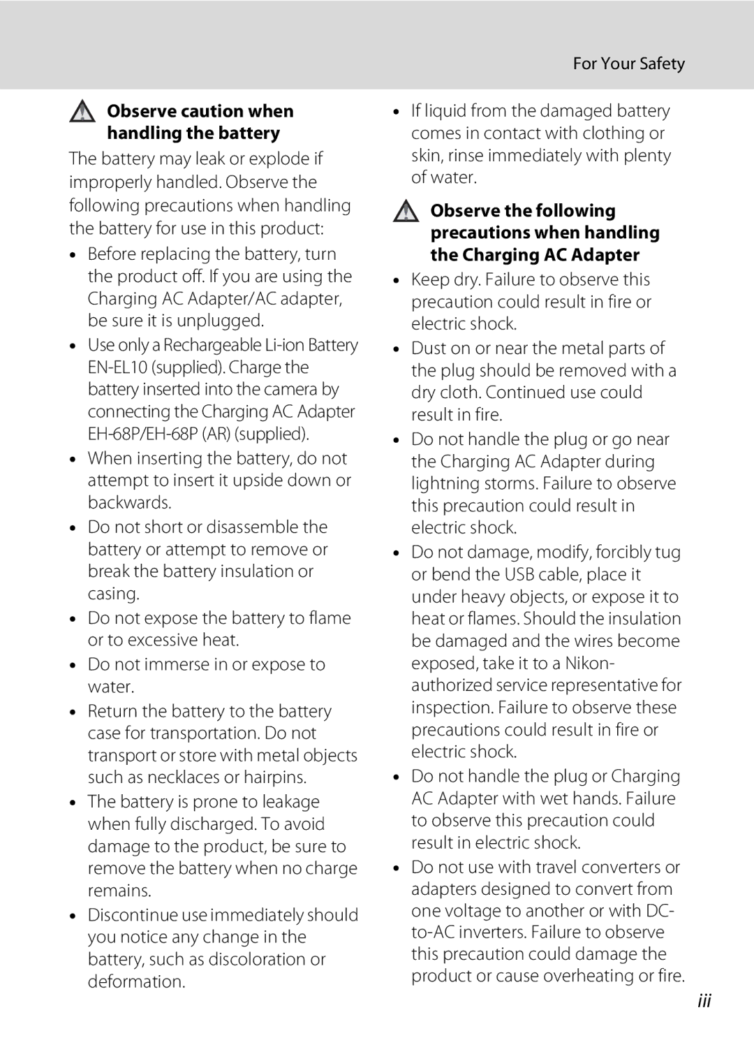 North Star S205 user manual Iii, For Your Safety, Observe caution when handling the battery 