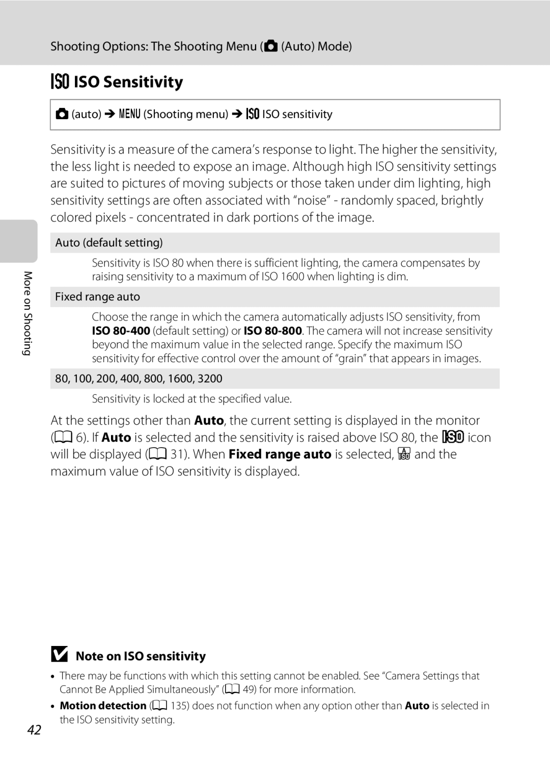 North Star S205 Eiso Sensitivity, Aauto M d Shooting menu M Eiso sensitivity, Auto default setting, Fixed range auto 