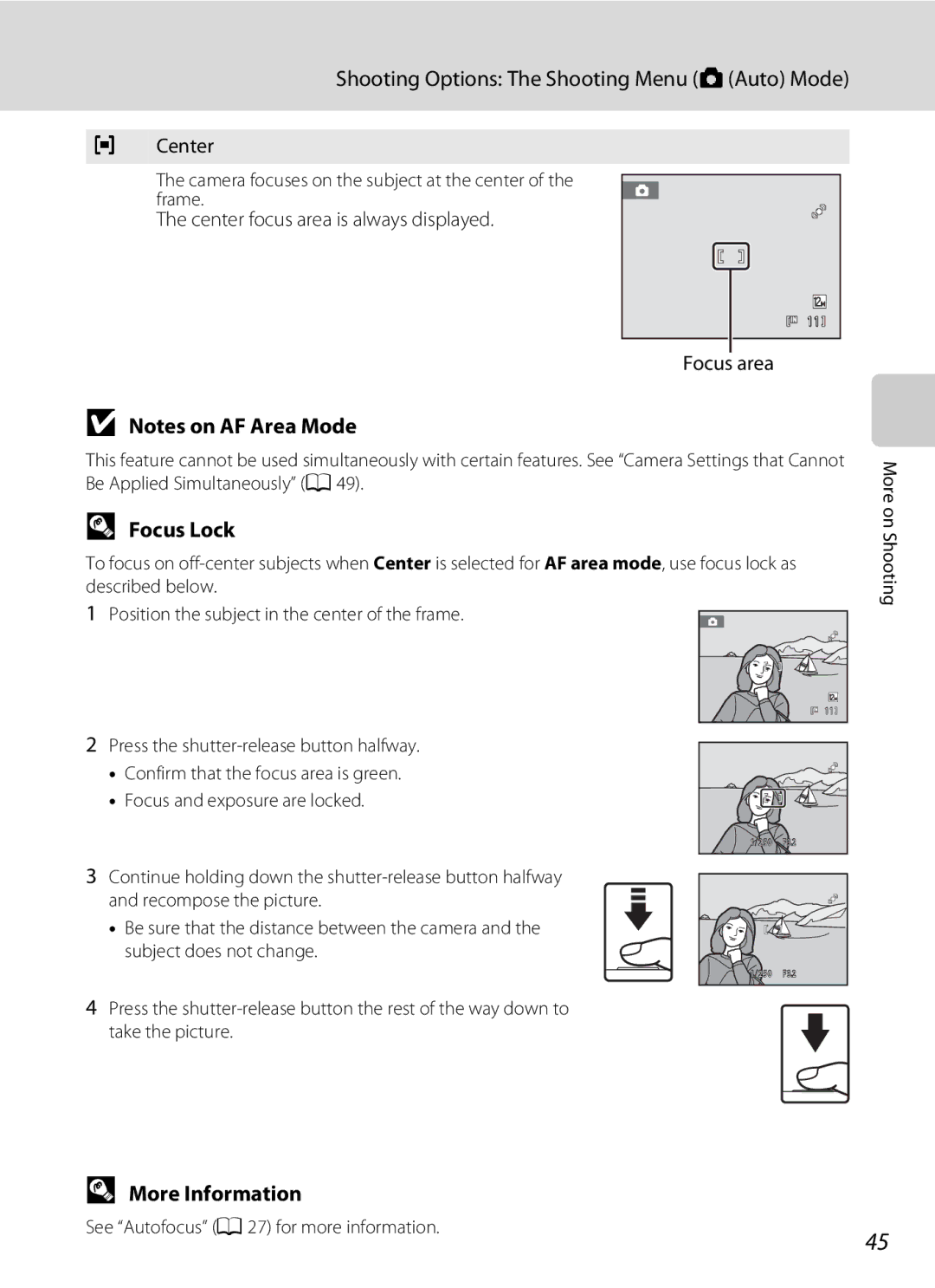 North Star S205 user manual Focus Lock, More Information, Center focus area is always displayed Focus area 