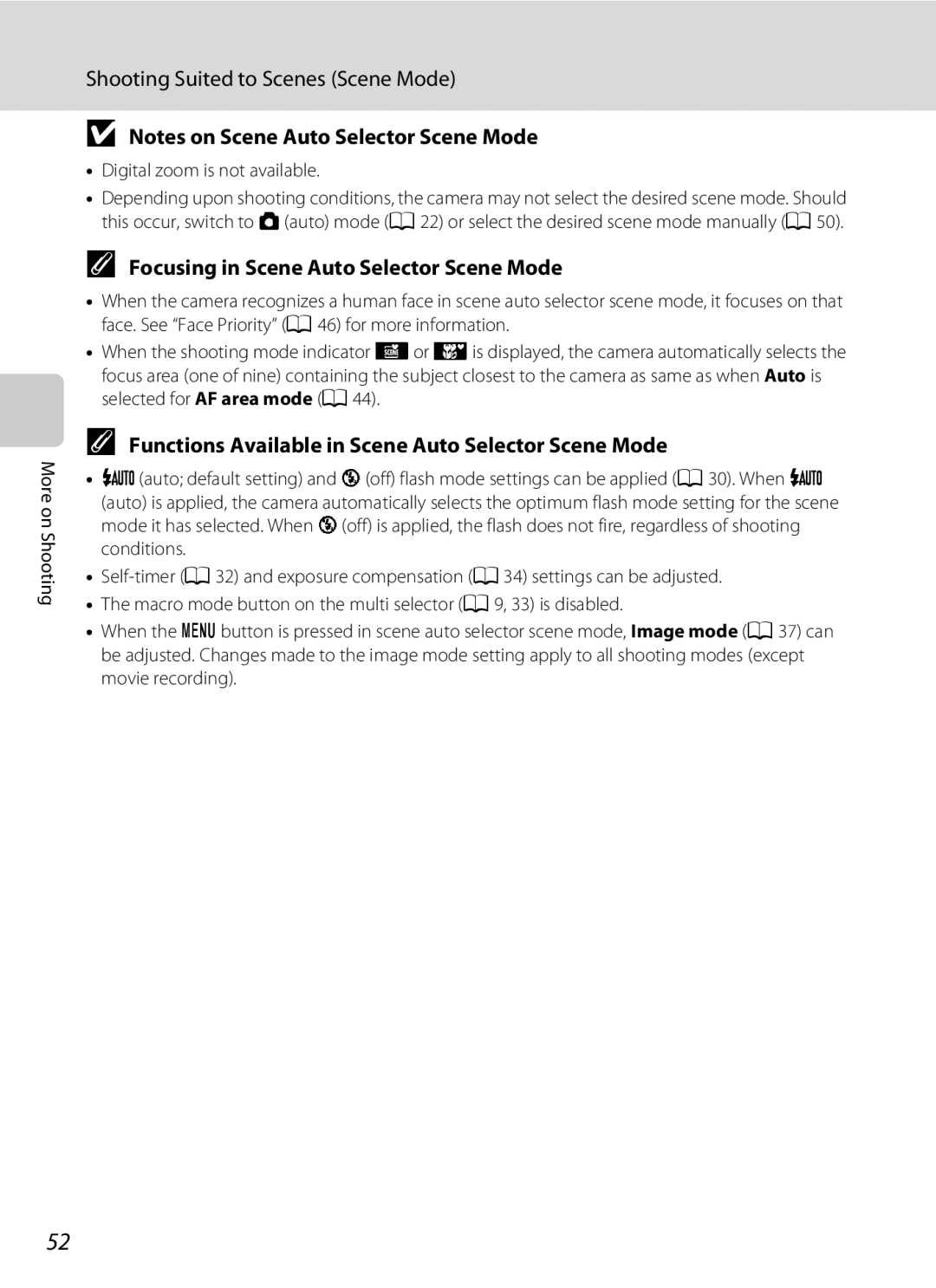 North Star S205 Focusing in Scene Auto Selector Scene Mode, Functions Available in Scene Auto Selector Scene Mode 