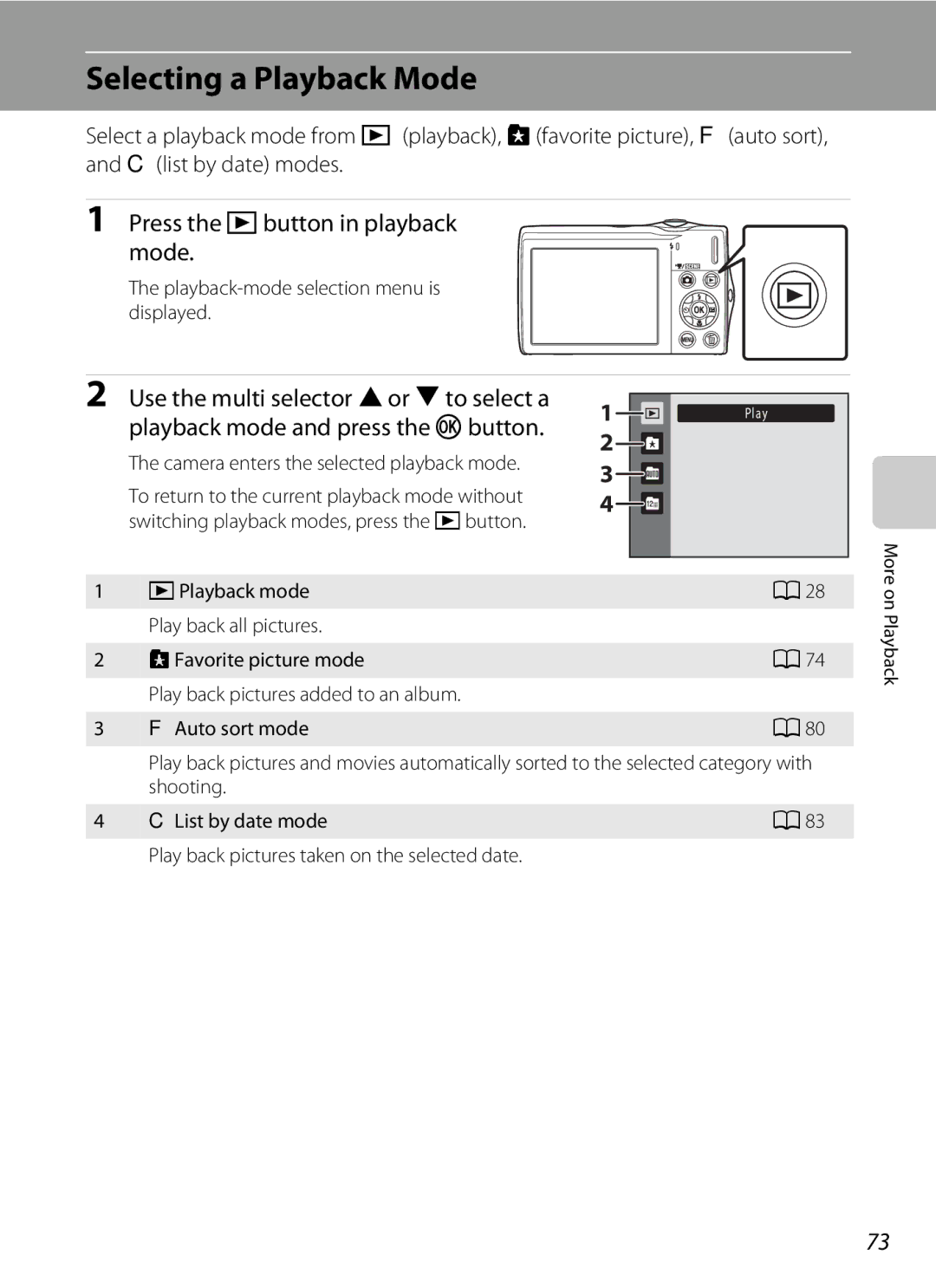 North Star S205 Selecting a Playback Mode, Press the c button in playback mode, Playback-mode selection menu is displayed 