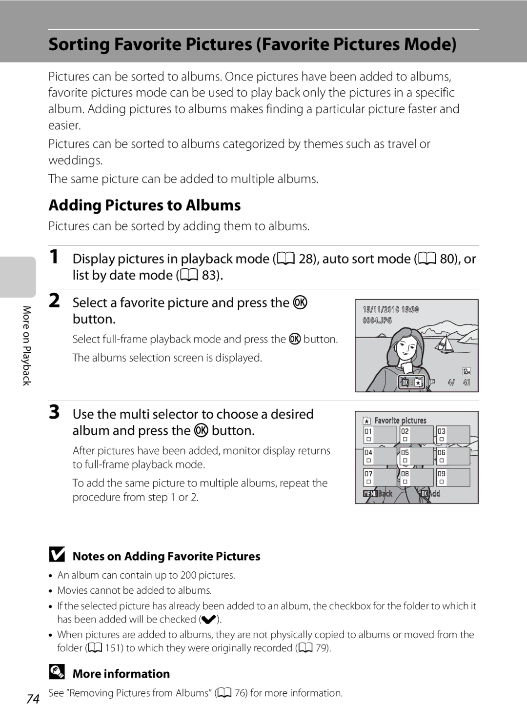 North Star S205 user manual Sorting Favorite Pictures Favorite Pictures Mode, Adding Pictures to Albums 