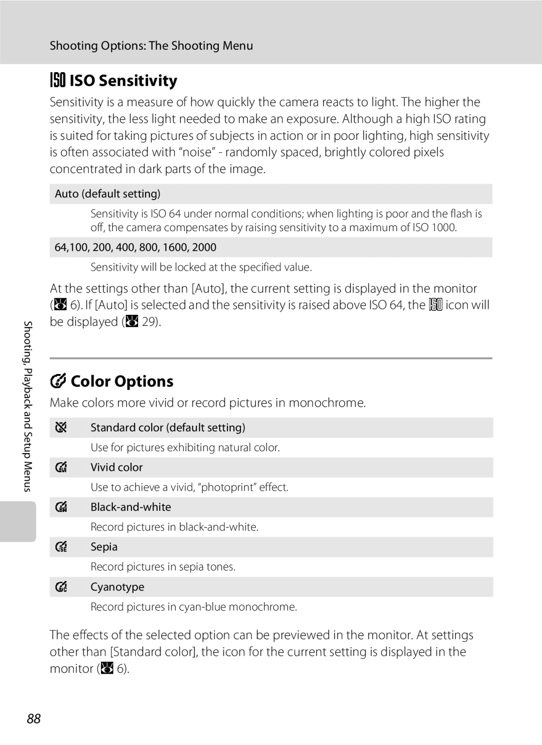 North Star S510 user manual Eiso Sensitivity, Color Options, Make colors more vivid or record pictures in monochrome 