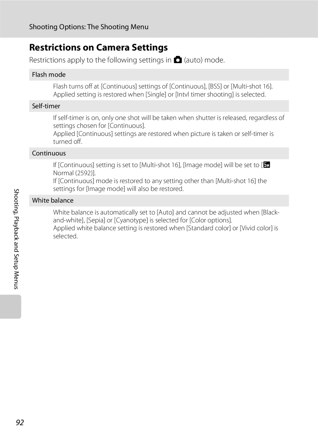 North Star S510 Restrictions on Camera Settings, Restrictions apply to the following settings in a auto mode, Flash mode 