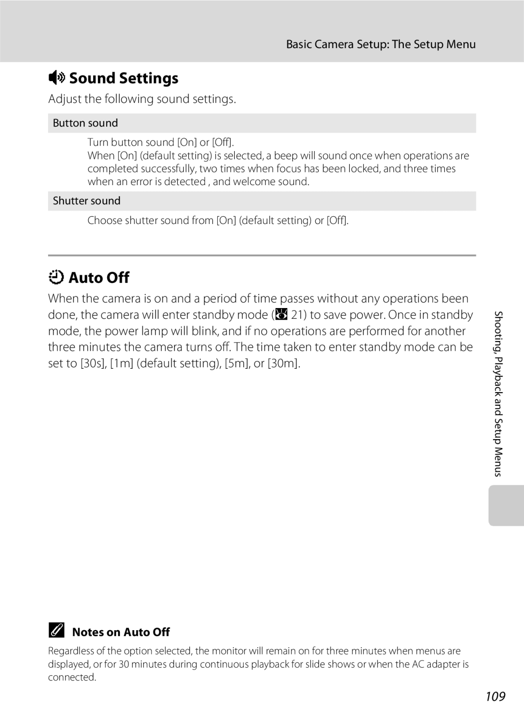 North Star S510 user manual ISound Settings, Auto Off, 109, Adjust the following sound settings 