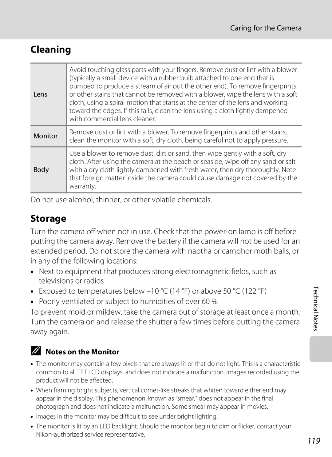 North Star S510 user manual Cleaning, Storage, 119, Do not use alcohol, thinner, or other volatile chemicals 