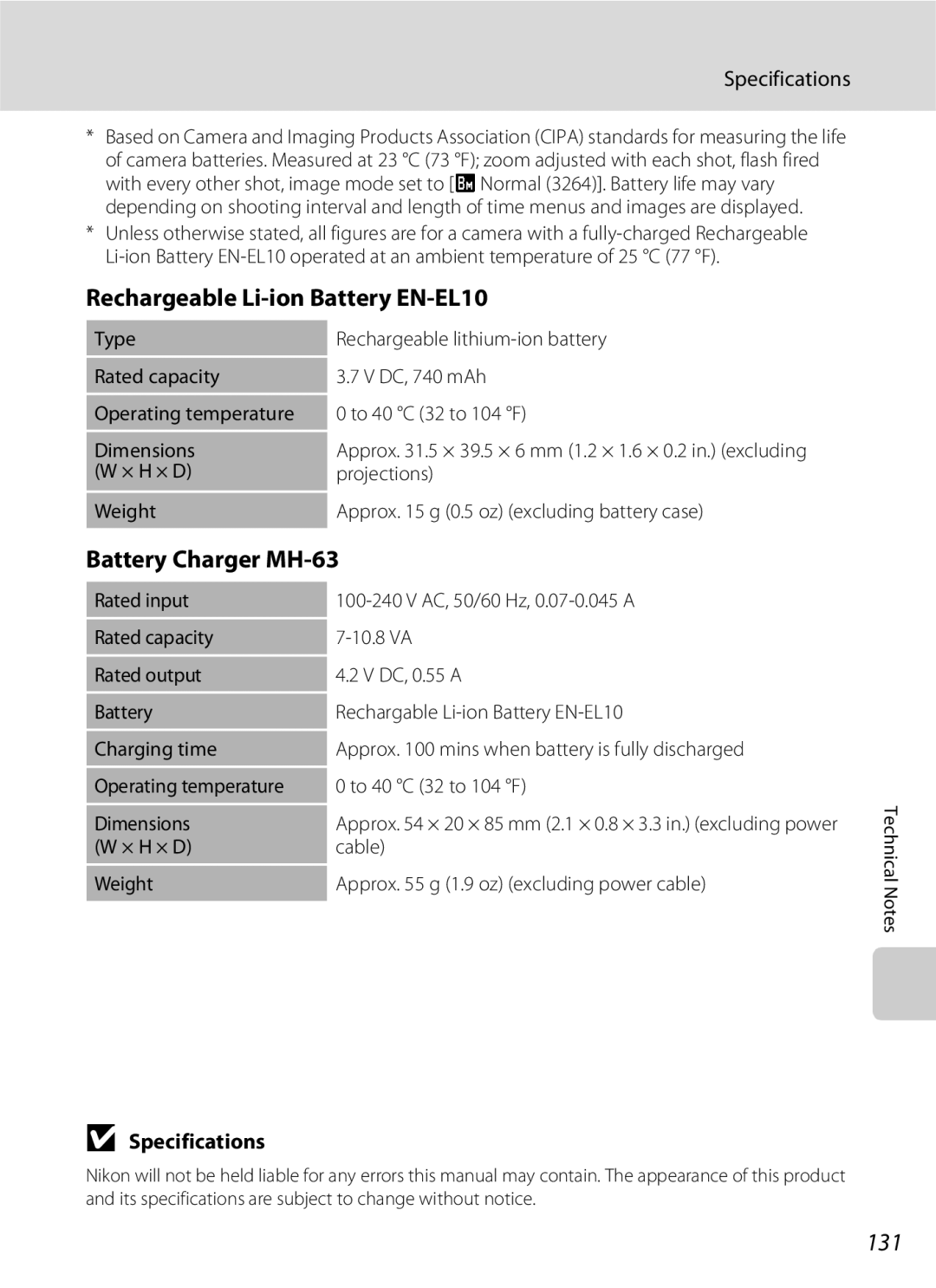 North Star S510 user manual Rechargeable Li-ion Battery EN-EL10, Battery Charger MH-63, 131, Specifications 