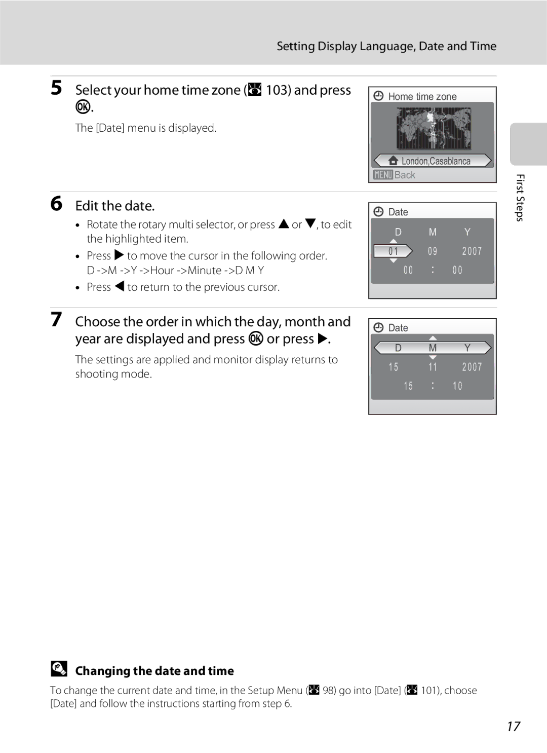 North Star S510 Select your home time zone a 103 and press k, Edit the date, Setting Display Language, Date and Time 