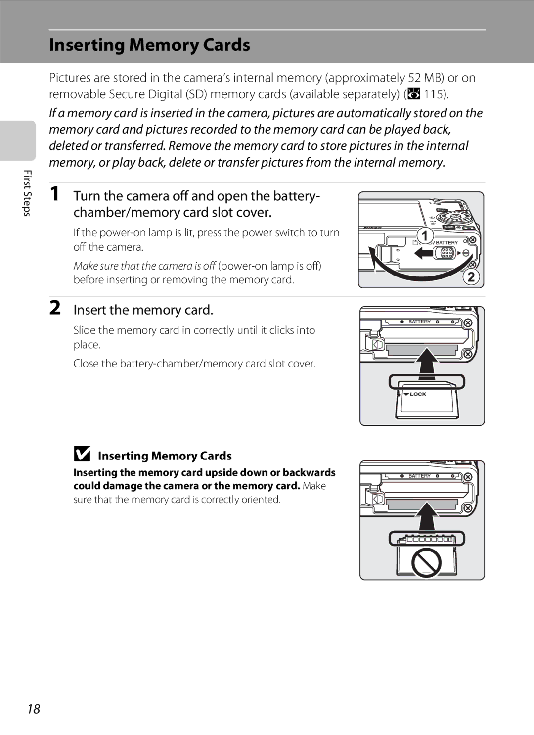 North Star S510 user manual Inserting Memory Cards, Insert the memory card 