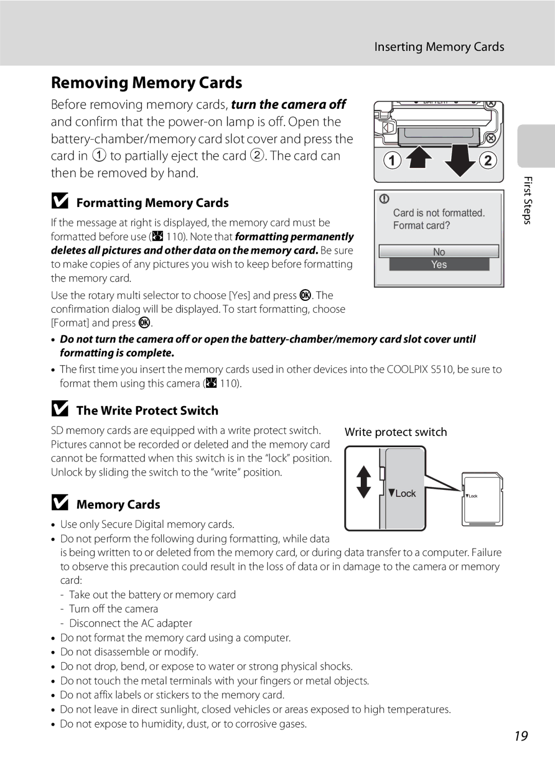 North Star S510 user manual Removing Memory Cards, Inserting Memory Cards, Formatting Memory Cards, Write Protect Switch 