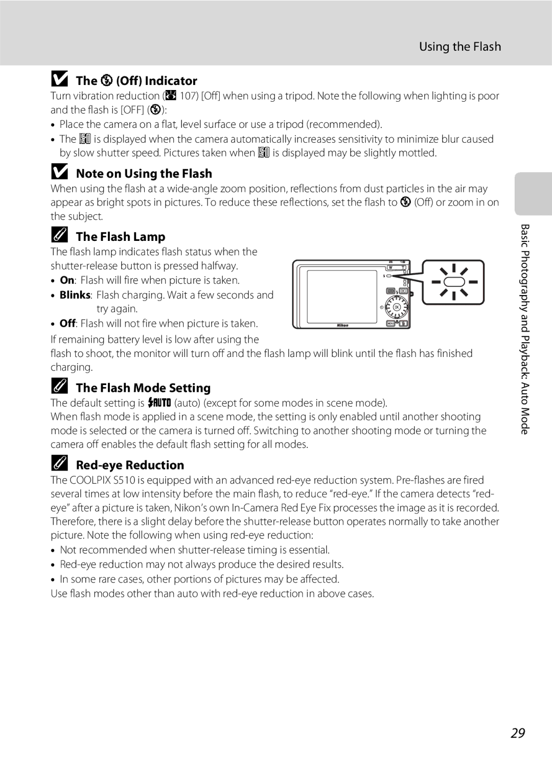 North Star S510 user manual Using the Flash, W Off Indicator, Flash Lamp, Flash Mode Setting, Red-eye Reduction 