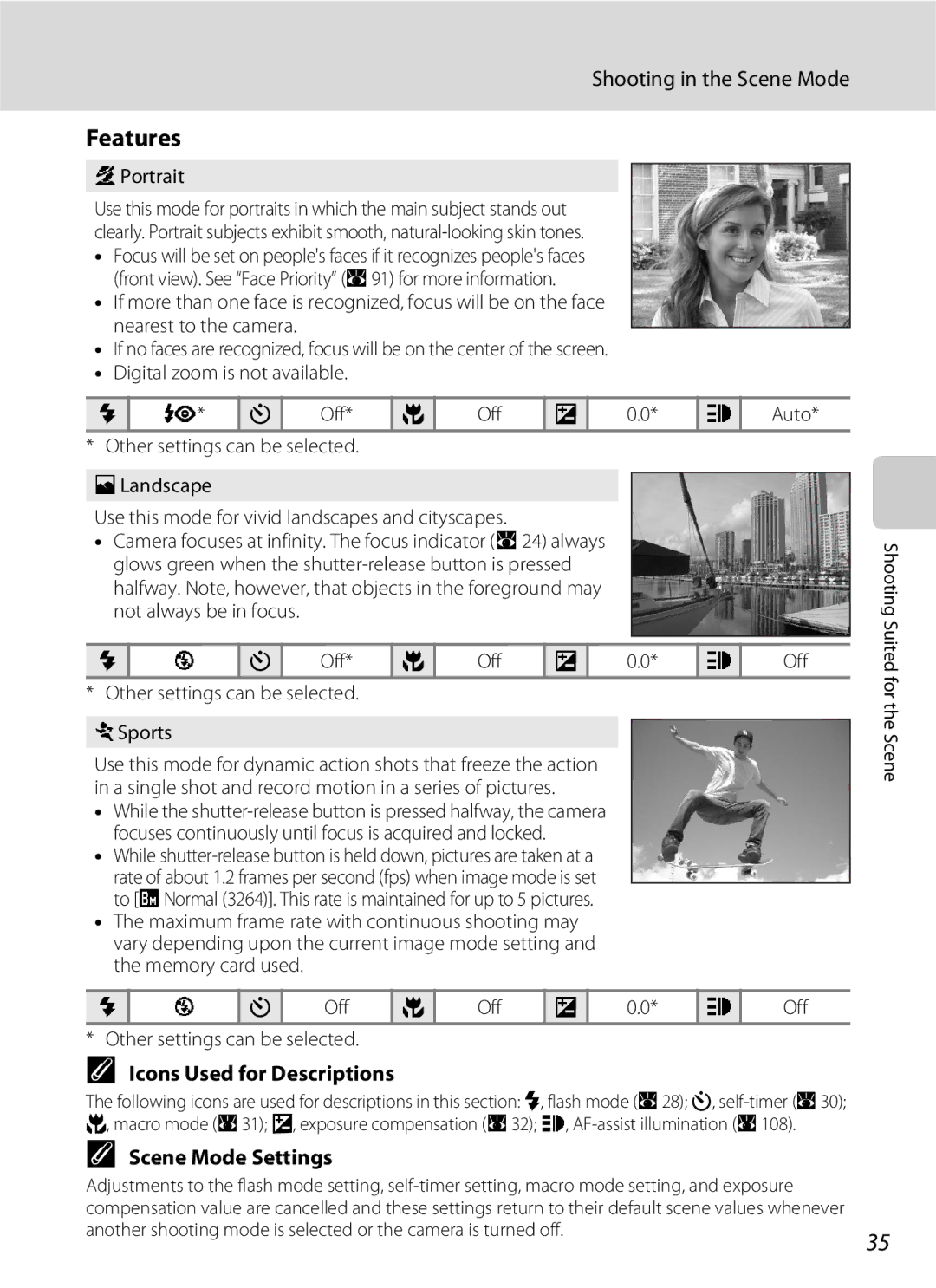 North Star S510 Features, Shooting in the Scene Mode, Icons Used for Descriptions, Scene Mode Settings, Portrait 