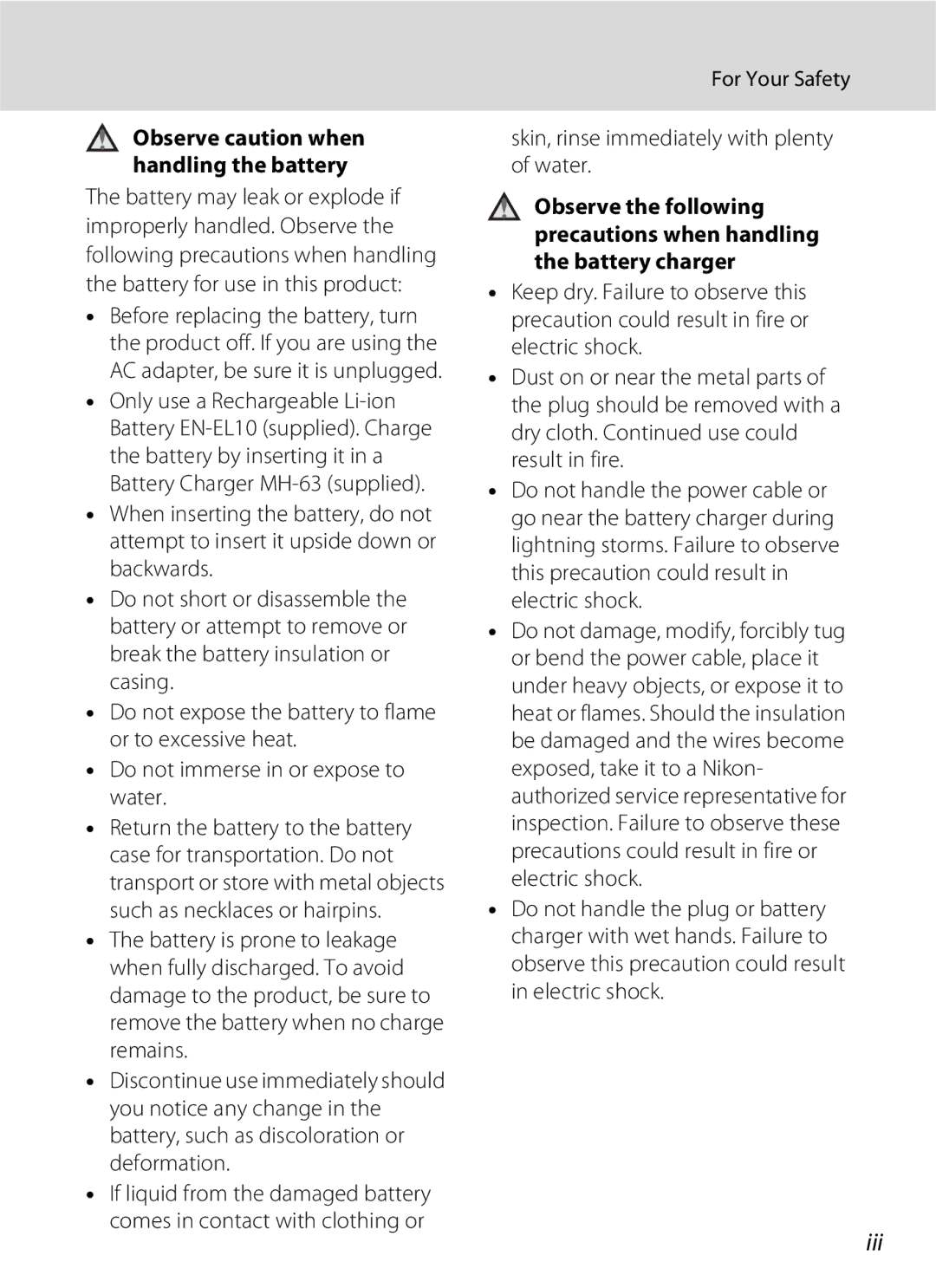 North Star S510 user manual Iii, For Your Safety, Skin, rinse immediately with plenty of water 