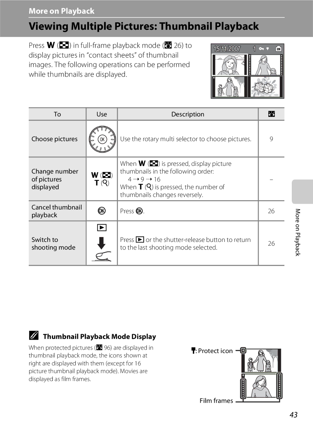 North Star S510 user manual Viewing Multiple Pictures Thumbnail Playback, Press f h in full-frame playback mode a 26 to 