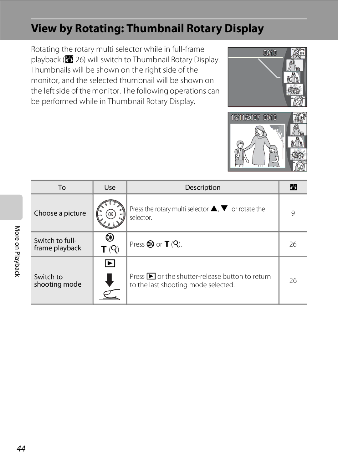 North Star S510 user manual View by Rotating Thumbnail Rotary Display, Description Choose a picture, Selector 