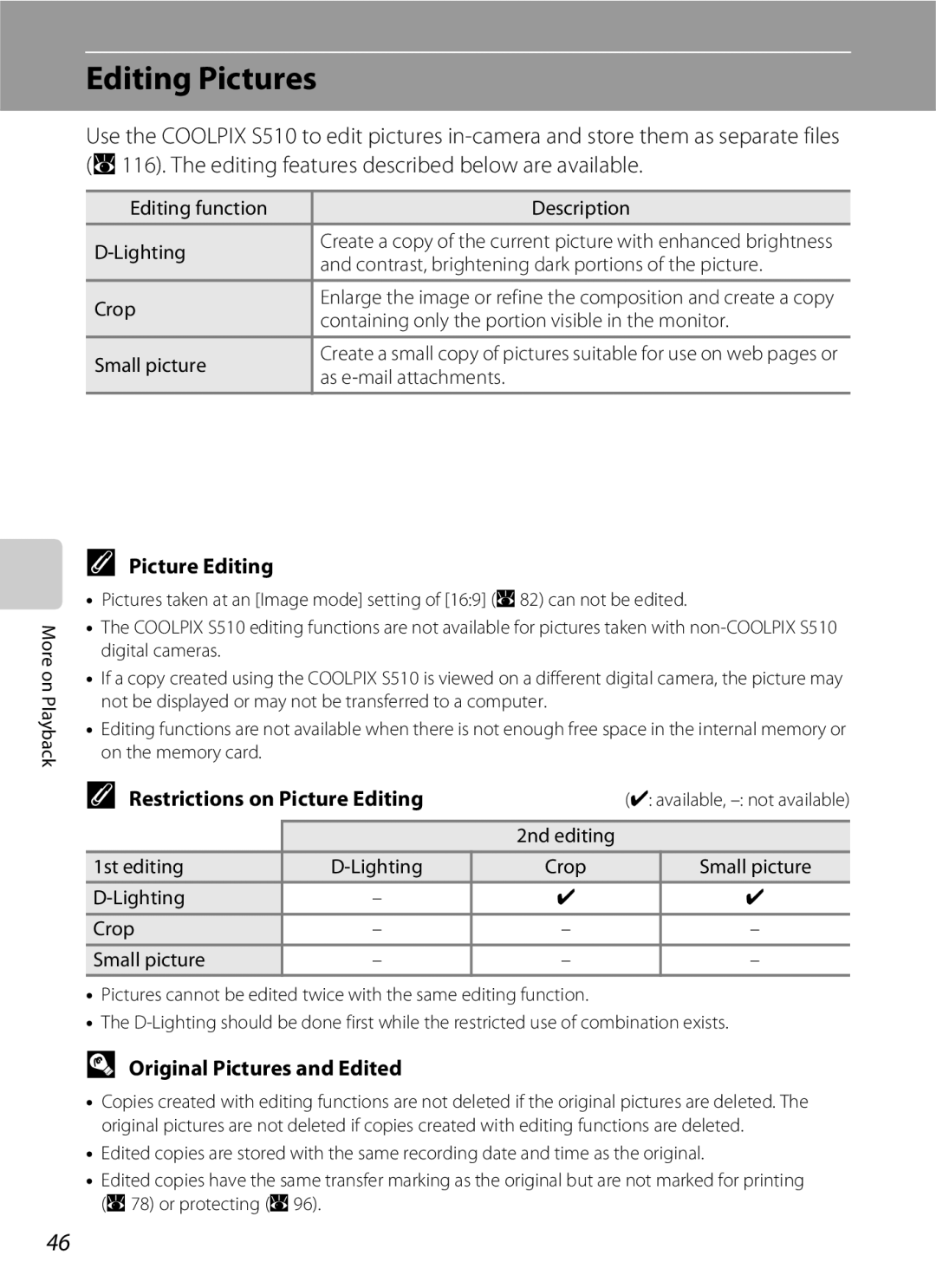 North Star S510 user manual Editing Pictures, Restrictions on Picture Editing, Original Pictures and Edited 