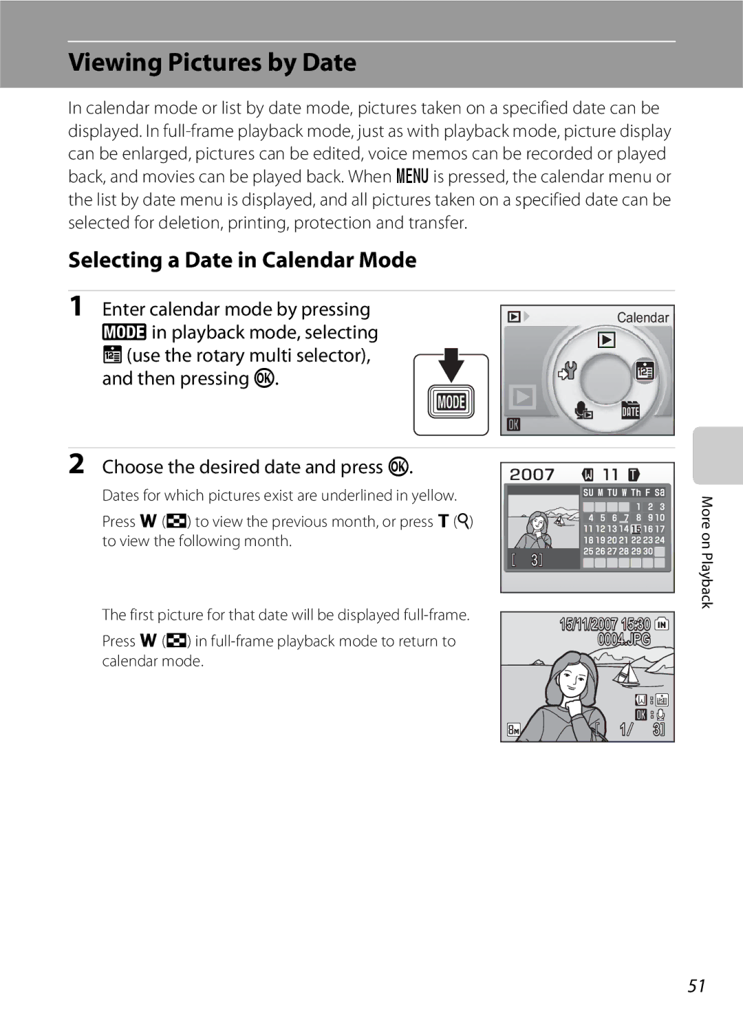 North Star S510 Viewing Pictures by Date, Selecting a Date in Calendar Mode, Choose the desired date and press k 