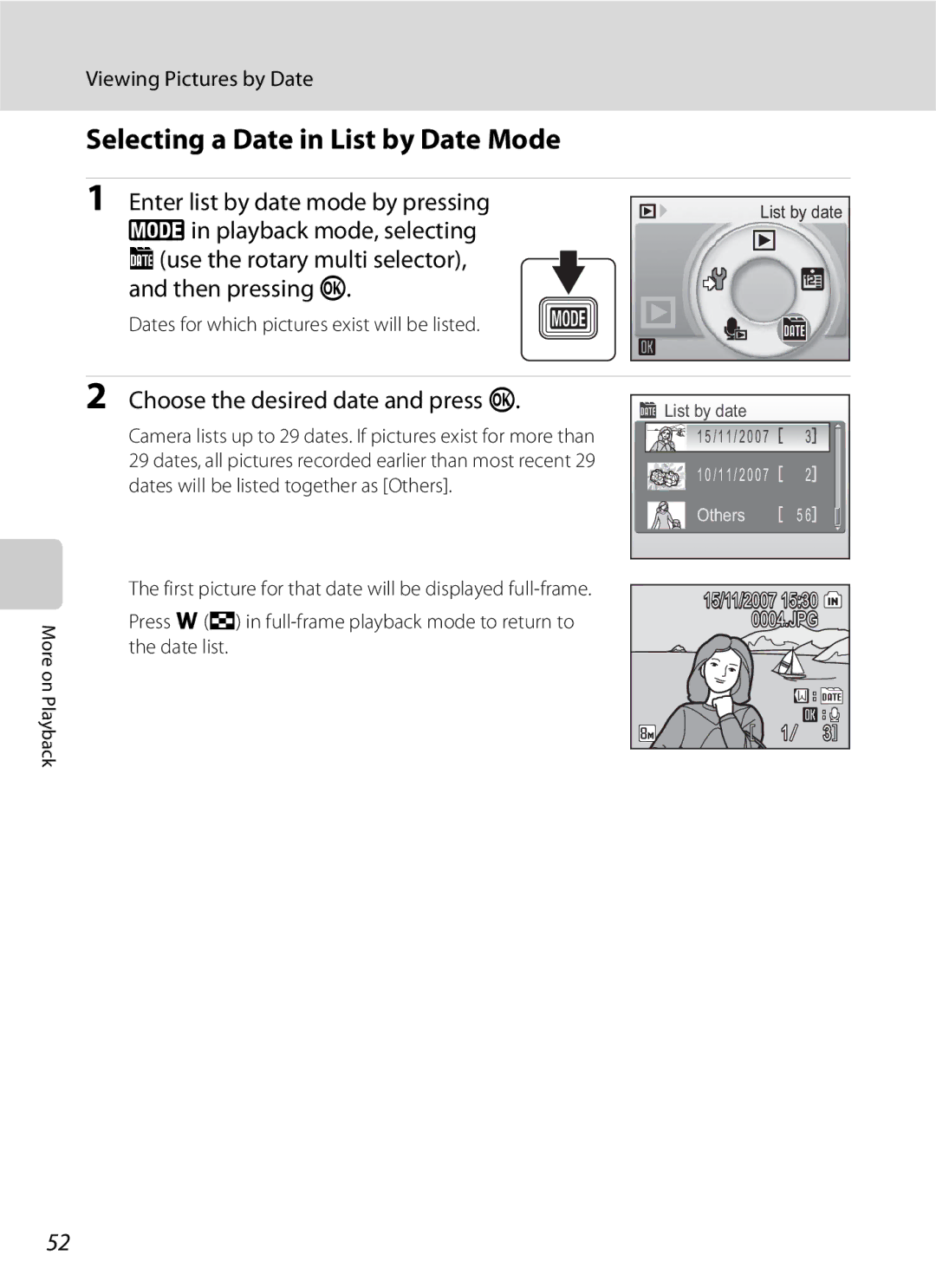 North Star S510 Selecting a Date in List by Date Mode, Enter list by date mode by pressing, Viewing Pictures by Date 