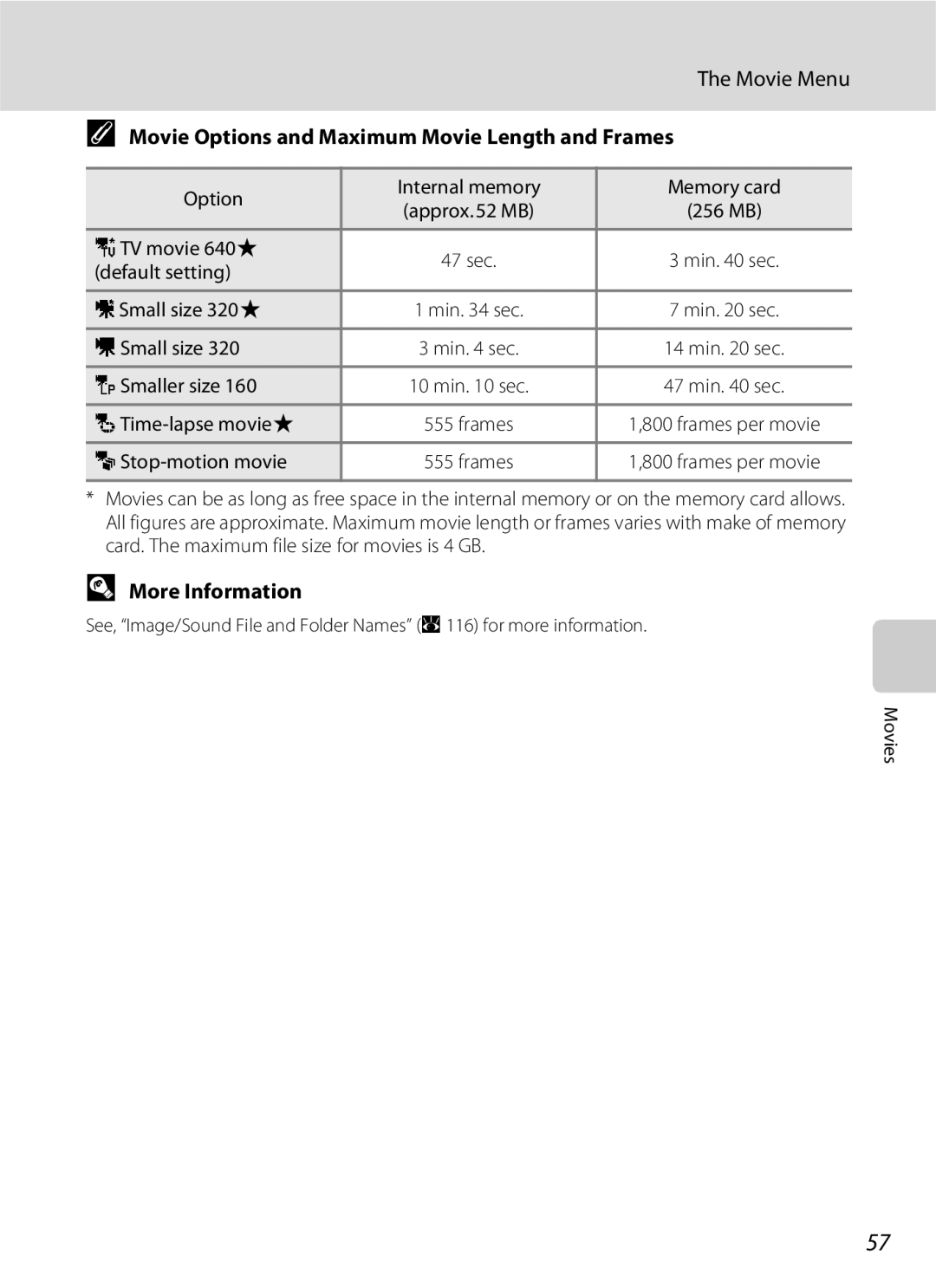 North Star S510 user manual Movie Menu, Movie Options and Maximum Movie Length and Frames 