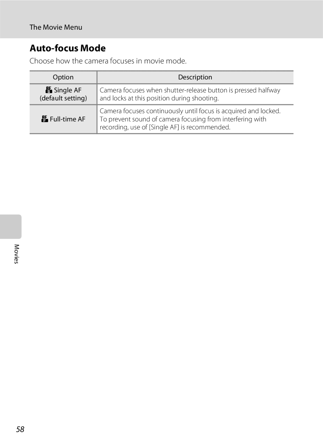 North Star S510 user manual Auto-focus Mode, Choose how the camera focuses in movie mode 