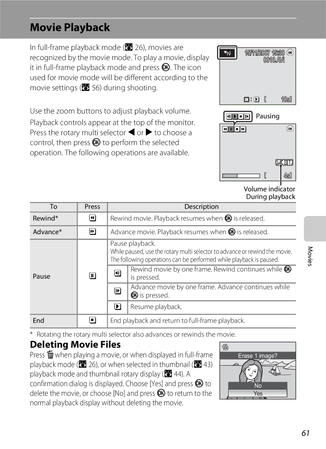 North Star S510 user manual Movie Playback, Deleting Movie Files 