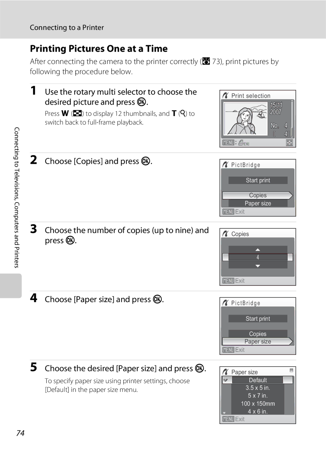 North Star S510 user manual Printing Pictures One at a Time, Choose Copies and press k, Choose Paper size and press k 