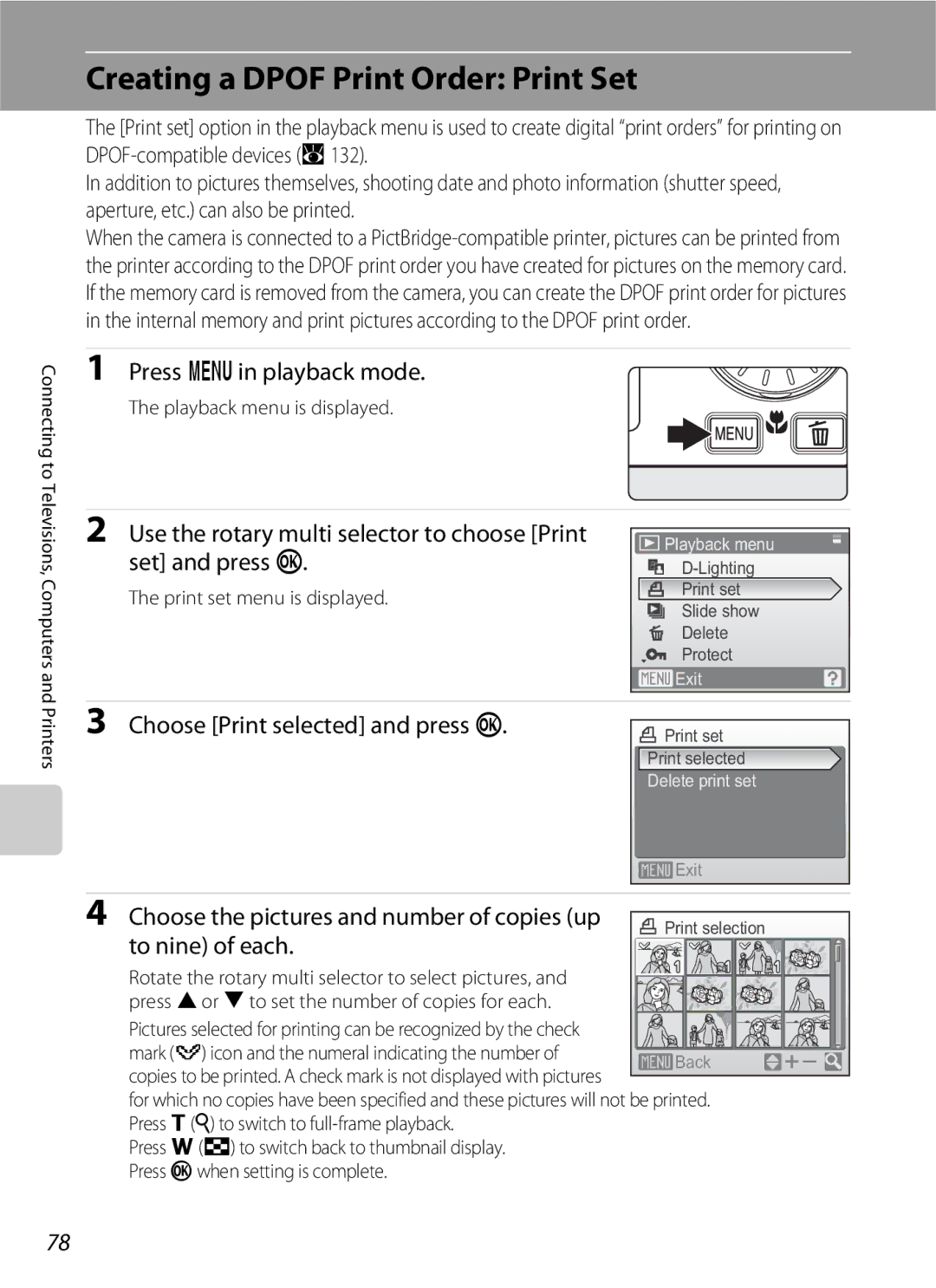 North Star S510 Creating a Dpof Print Order Print Set, Press din playback mode, Choose Print selected and press k 