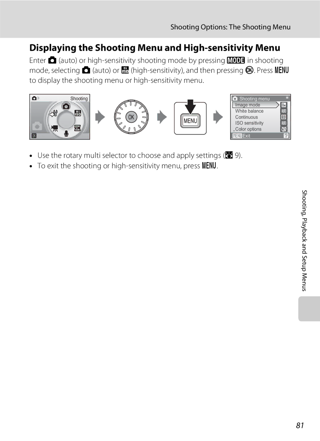 North Star S510 user manual Displaying the Shooting Menu and High-sensitivity Menu, Shooting Options The Shooting Menu 